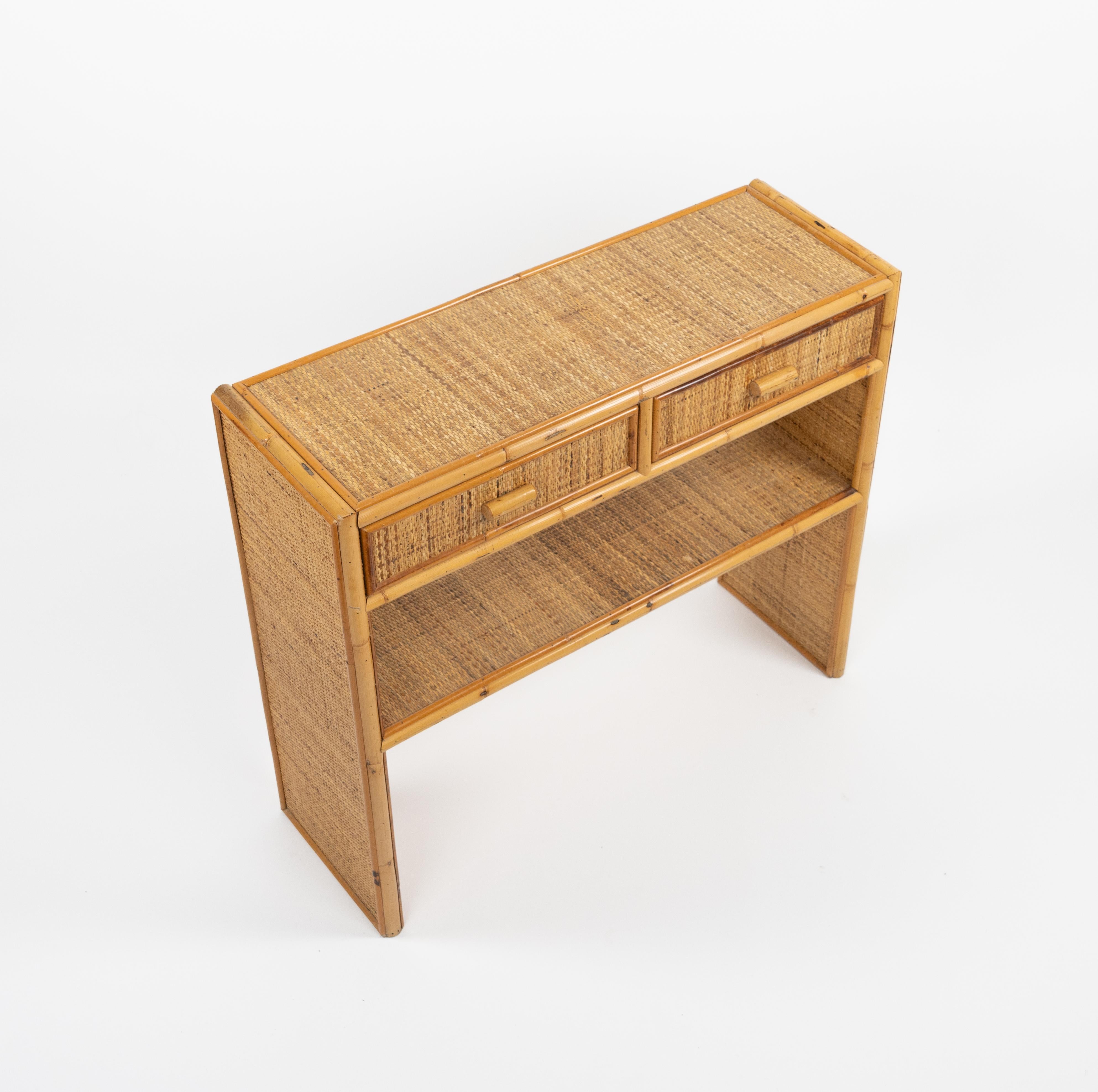 Italian Midcentury Bamboo and Rattan Console Table with Drawers, Italy 1970s For Sale
