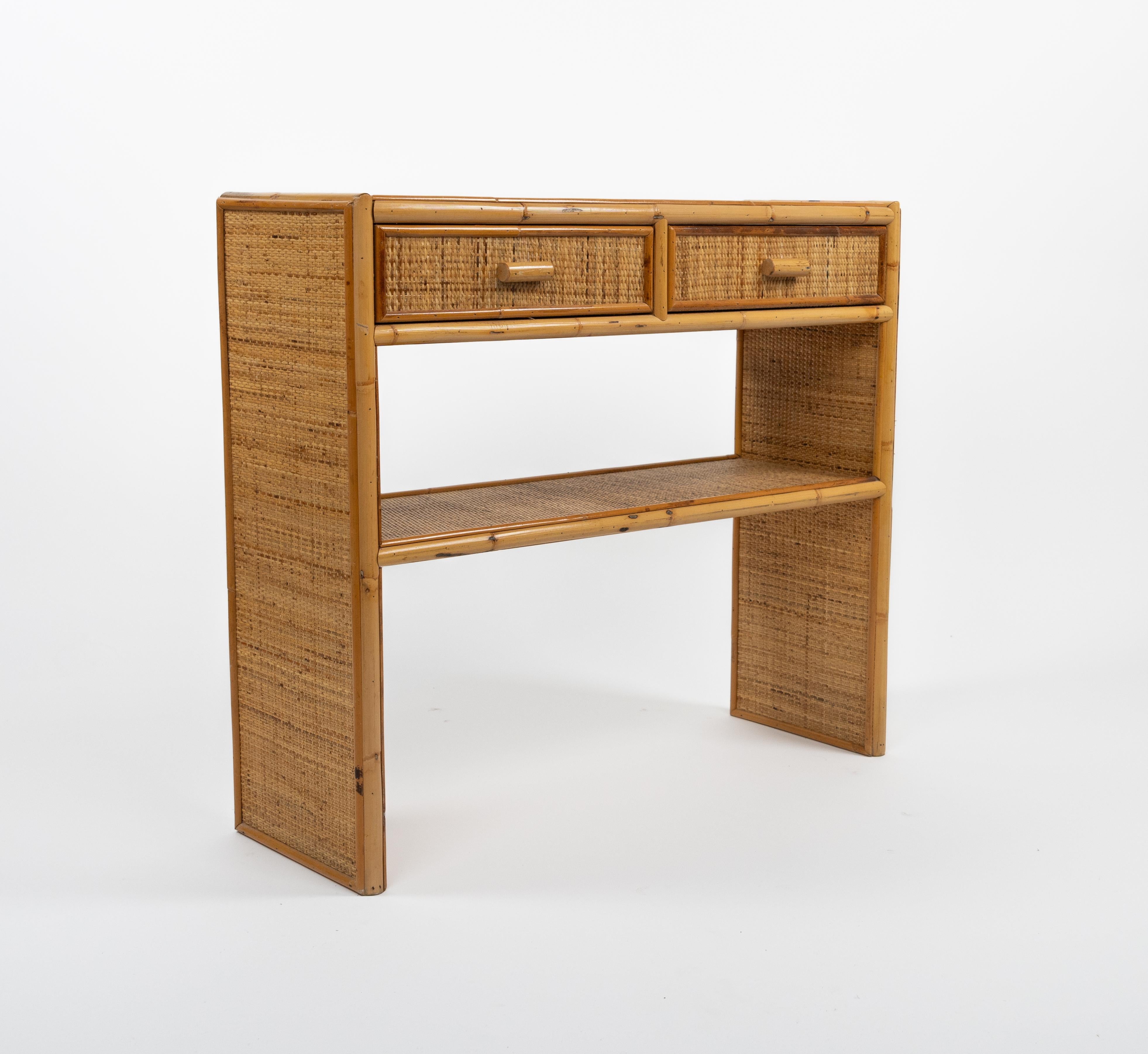 Midcentury Bamboo and Rattan Console Table with Drawers, Italy 1970s In Good Condition For Sale In Rome, IT