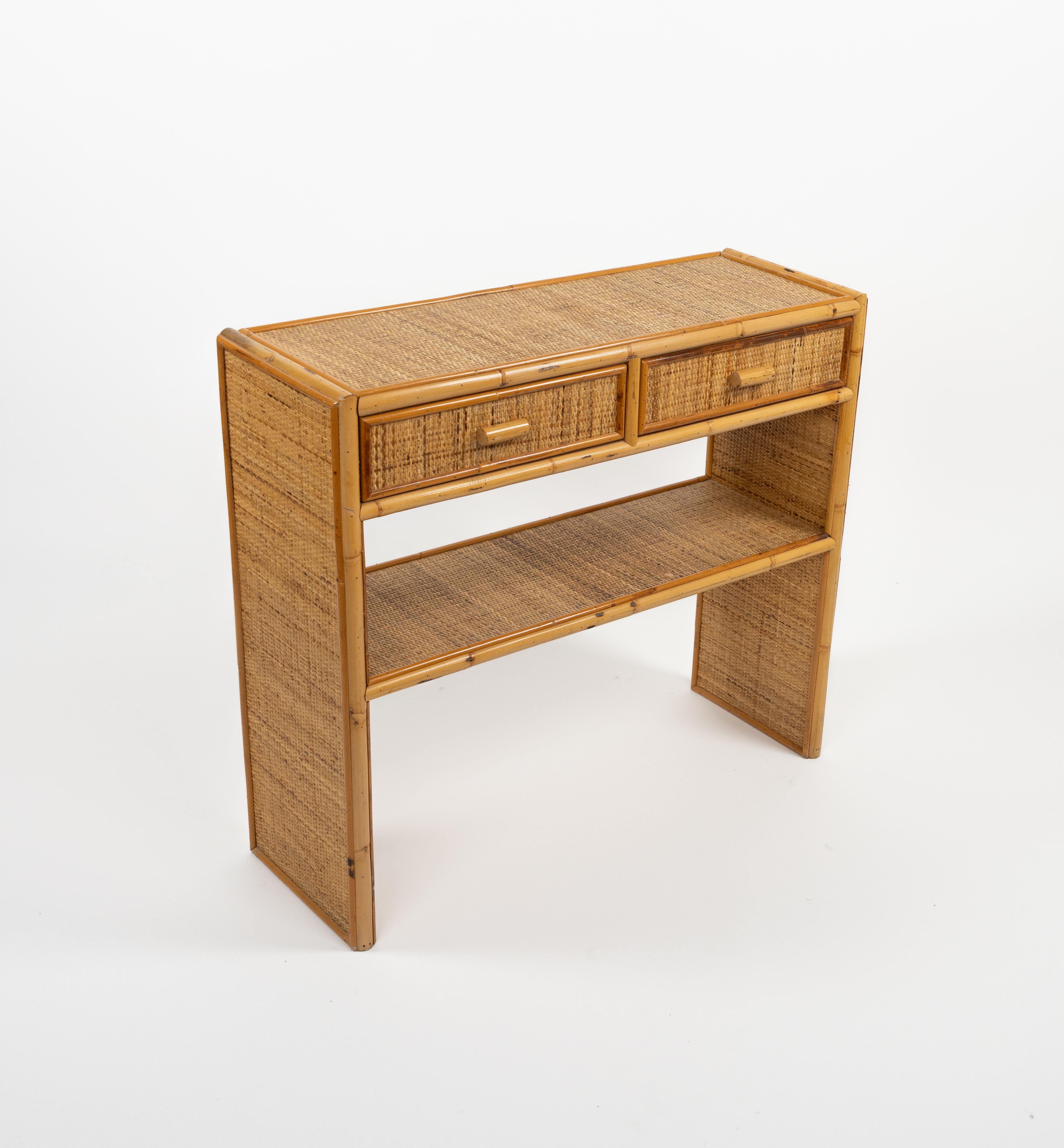 Late 20th Century Midcentury Bamboo and Rattan Console Table with Drawers, Italy 1970s For Sale