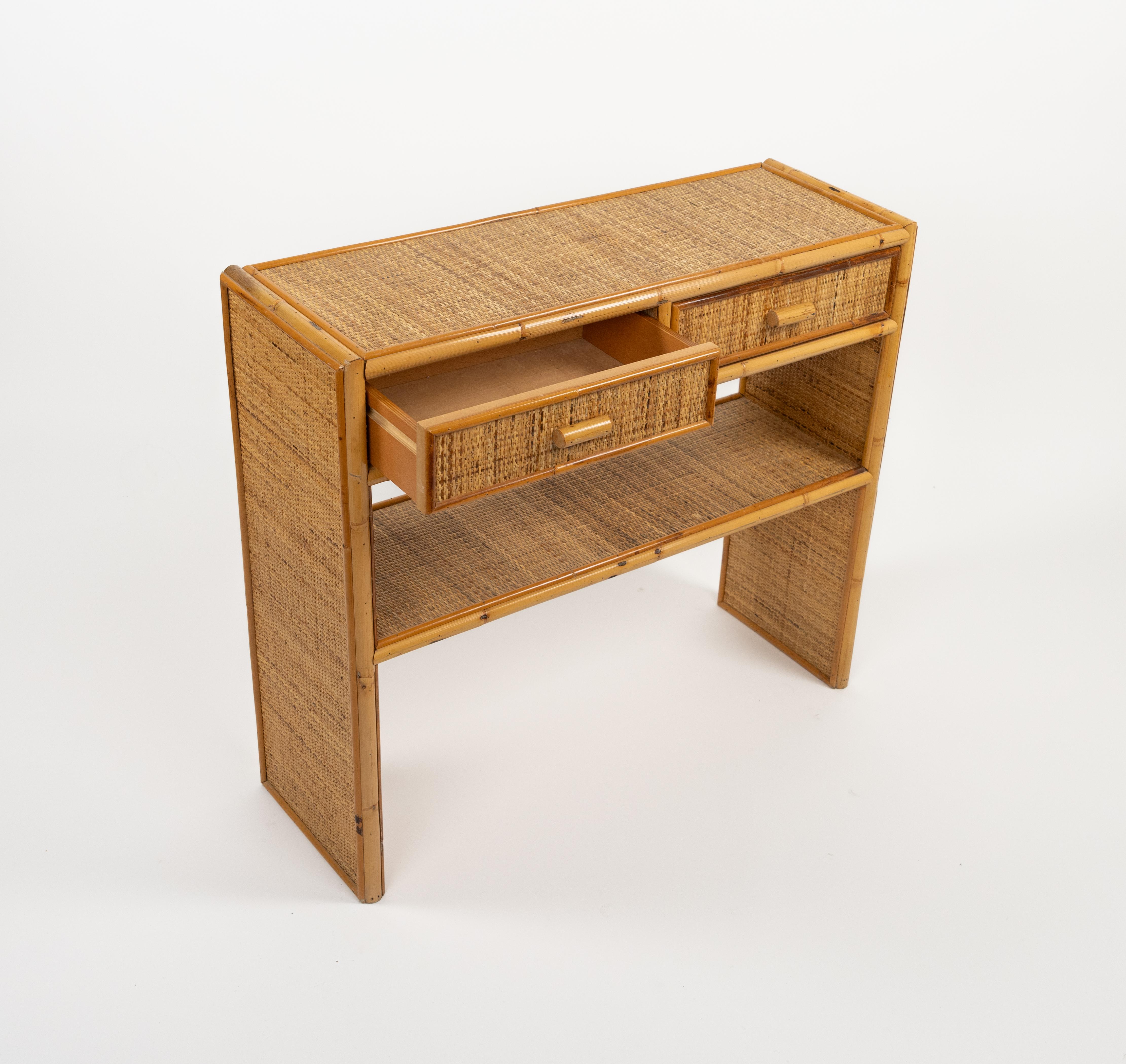 Midcentury Bamboo and Rattan Console Table with Drawers, Italy 1970s For Sale 1