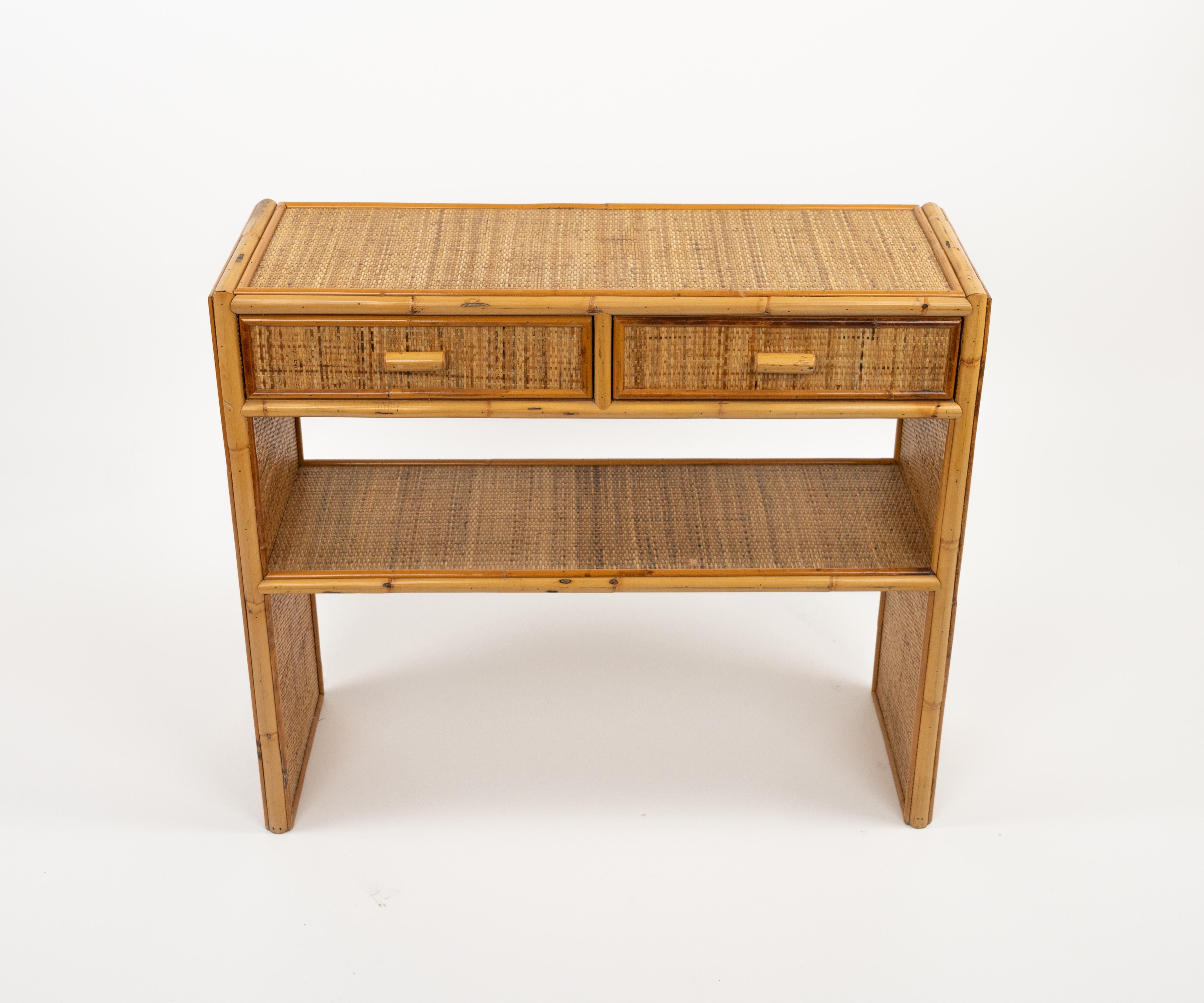 Midcentury Bamboo and Rattan Console Table with Drawers, Italy 1970s For Sale 2