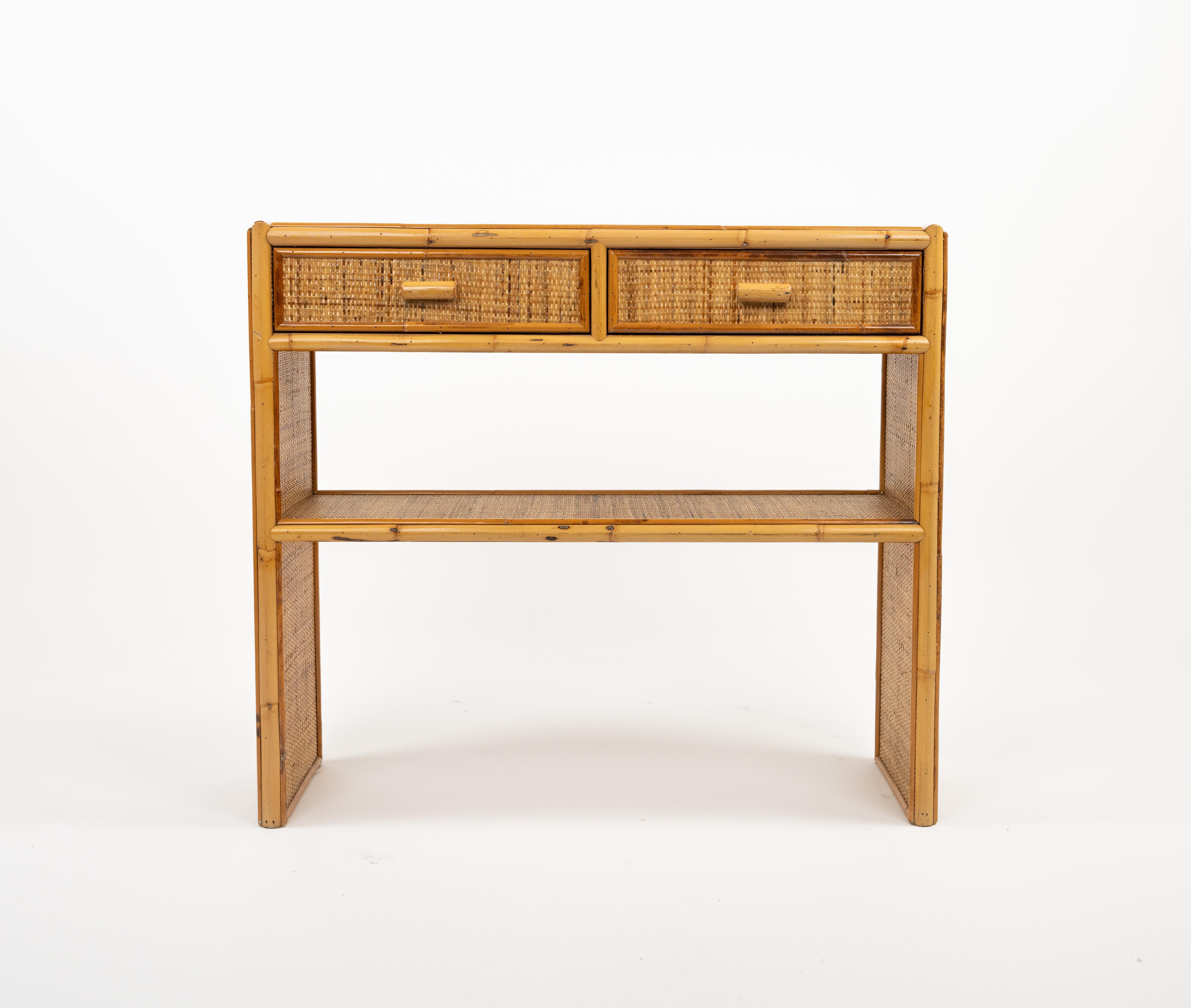 Midcentury Bamboo and Rattan Console Table with Drawers, Italy 1970s For Sale 3