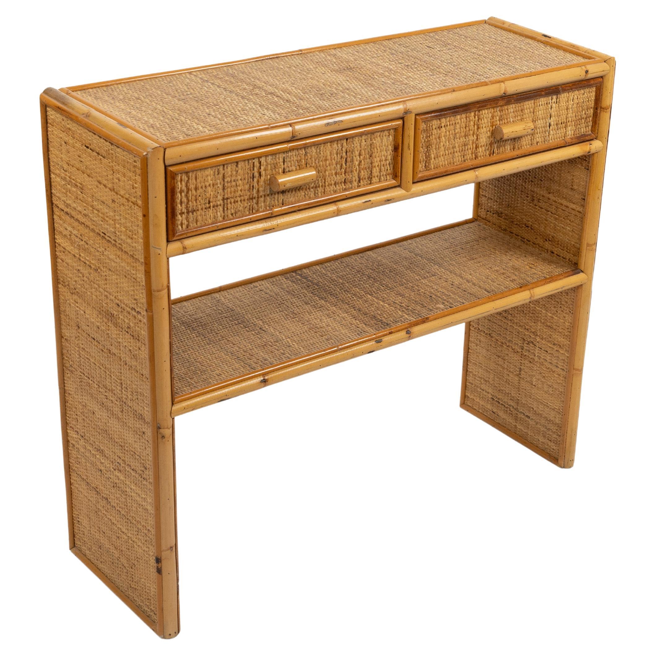 Midcentury Bamboo and Rattan Console Table with Drawers, Italy 1970s For Sale