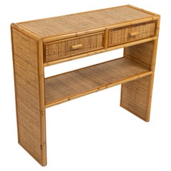 Retro Midcentury Bamboo and Rattan Console Table with Drawers, Italy 1970s