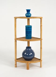 Midcentury Bamboo and Rattan Corner Bookcase or Etagere, Italy 1960s