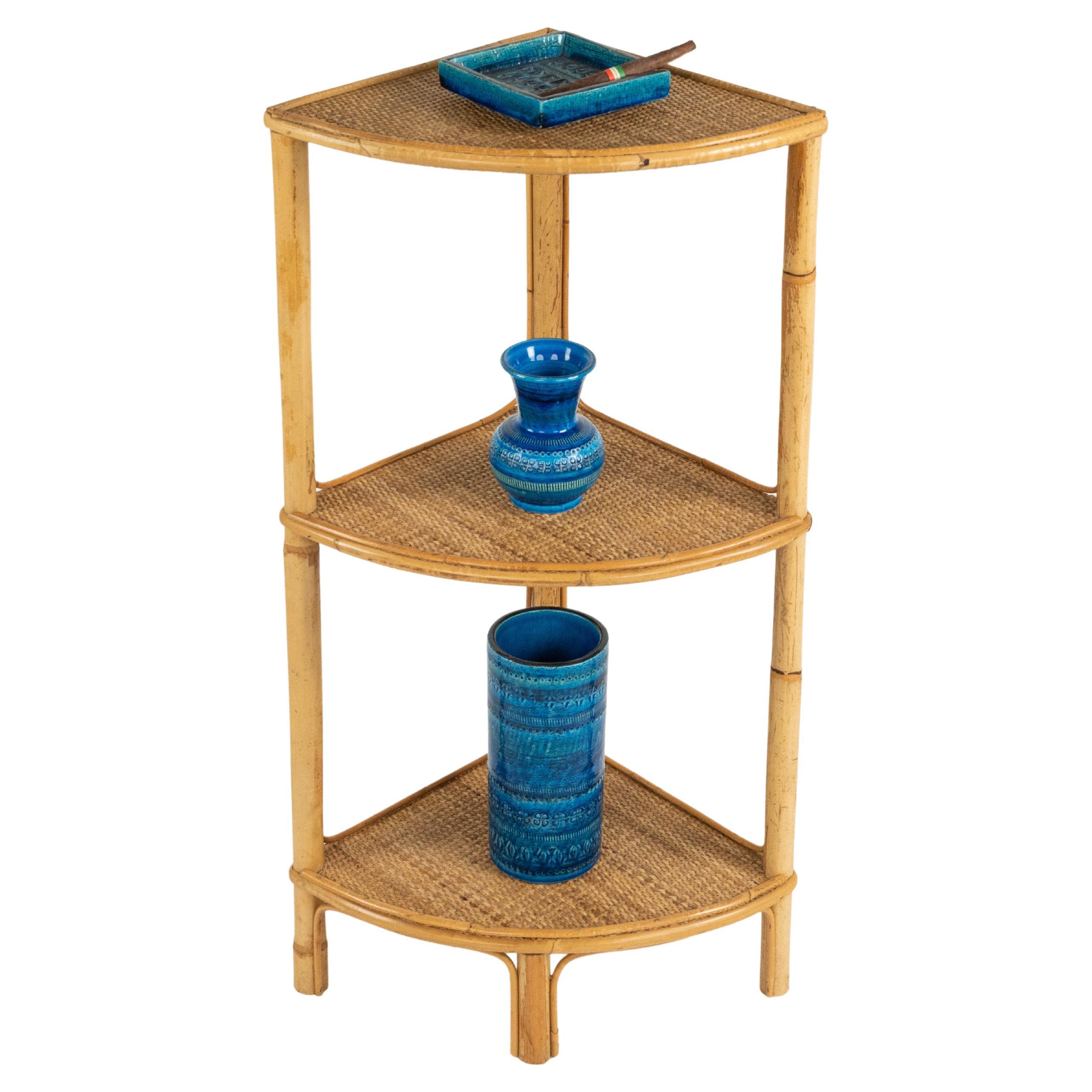 Midcentury Bamboo and Rattan Corner Bookcase or Etagere, Italy 1960s