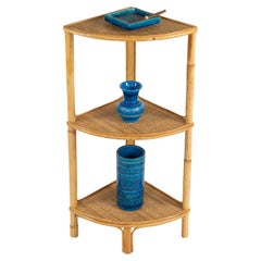 Midcentury Bamboo and Rattan Corner Bookcase or Etagere, Italy 1960s