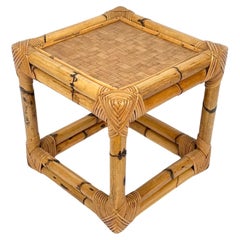 Midcentury Bamboo and Rattan Cube Side Table, Italy, 1970s
