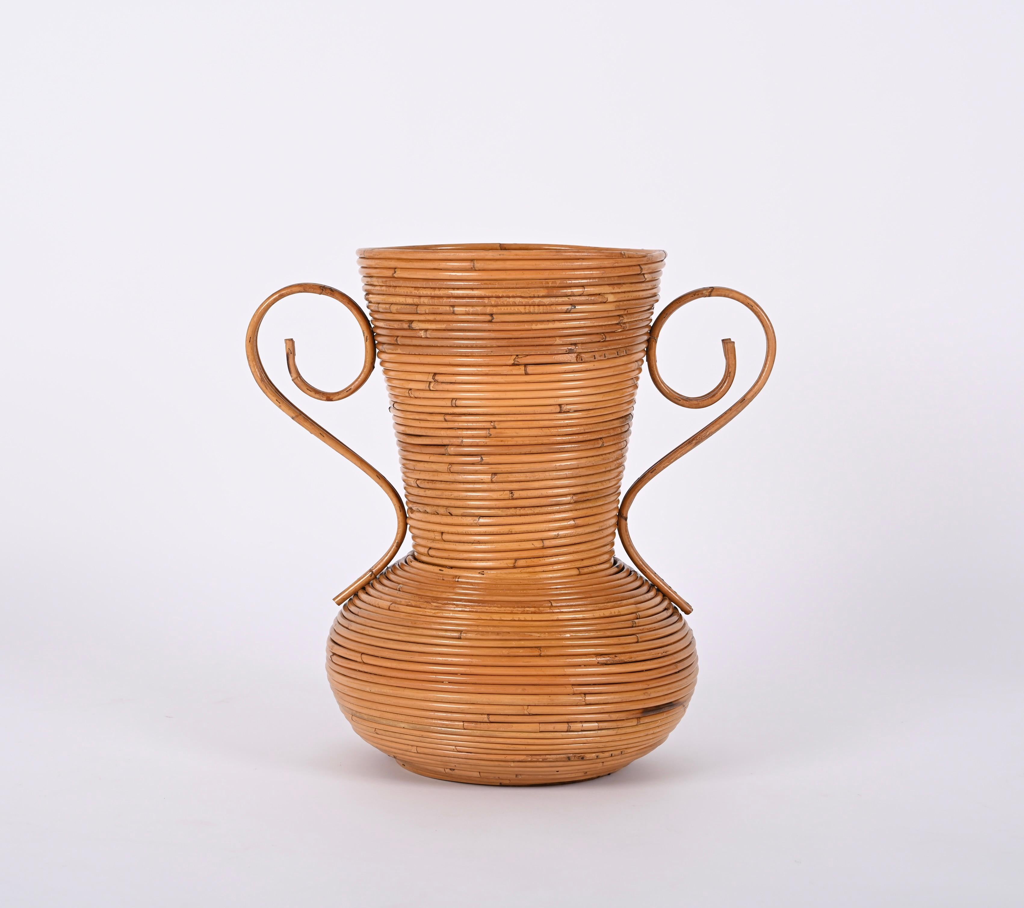 Mid-Century Modern Midcentury Bamboo and Rattan Decorative Vase, by Vivai del Sud, Italy, 1970s For Sale
