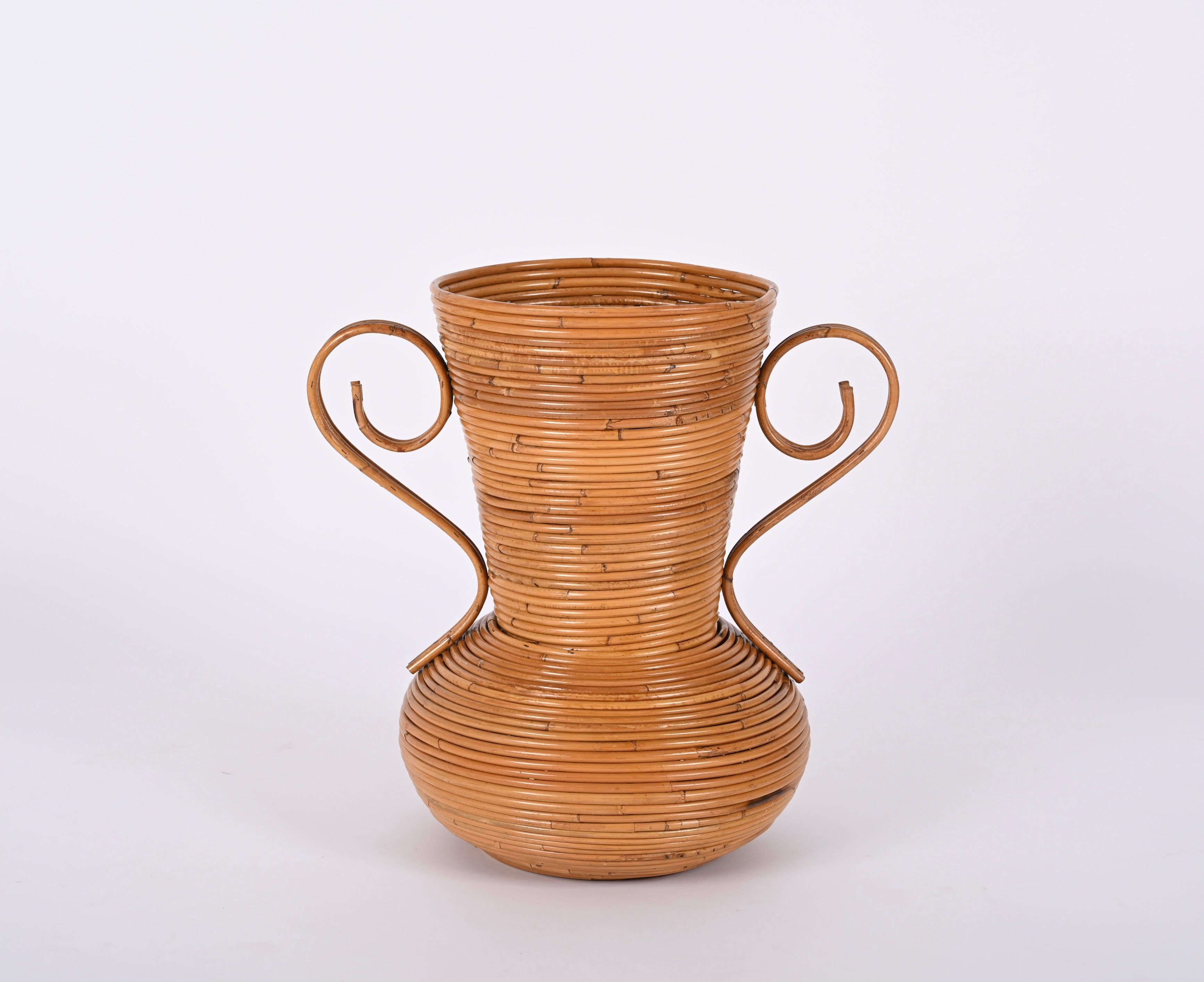 Italian Midcentury Bamboo and Rattan Decorative Vase, by Vivai del Sud, Italy, 1970s For Sale