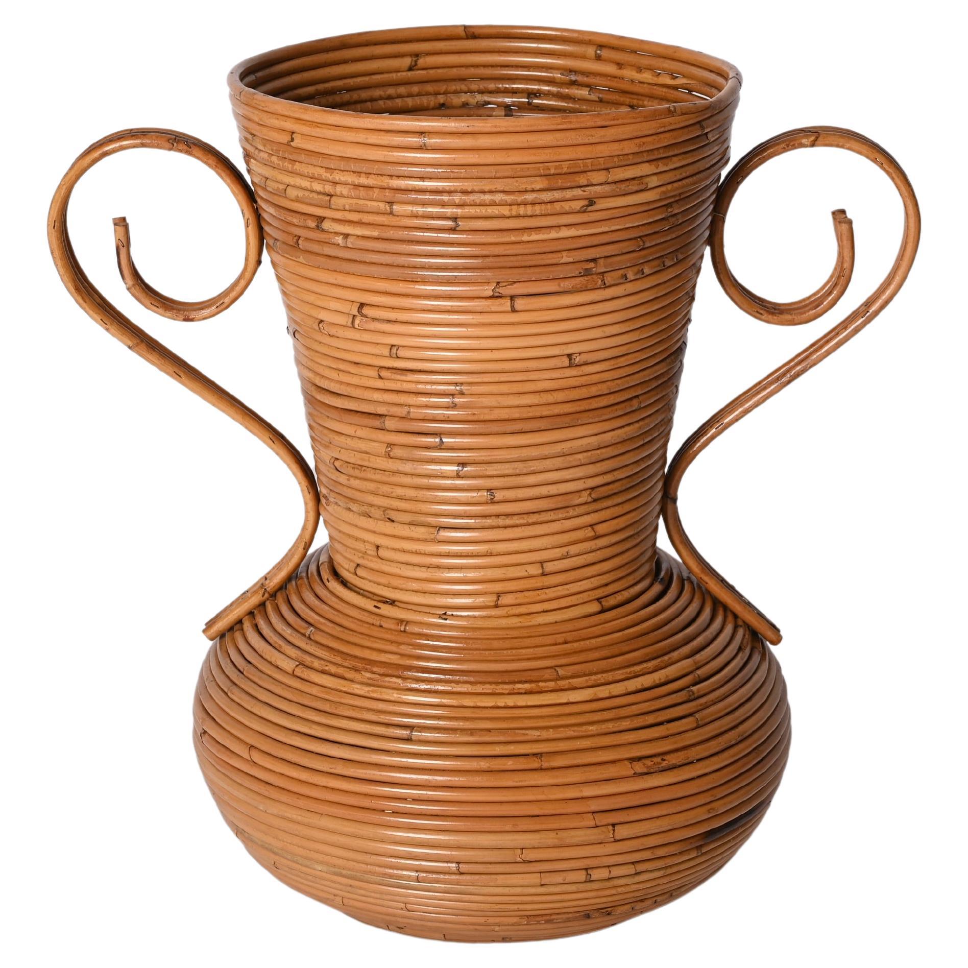 Midcentury Bamboo and Rattan Decorative Vase, by Vivai del Sud, Italy, 1970s For Sale