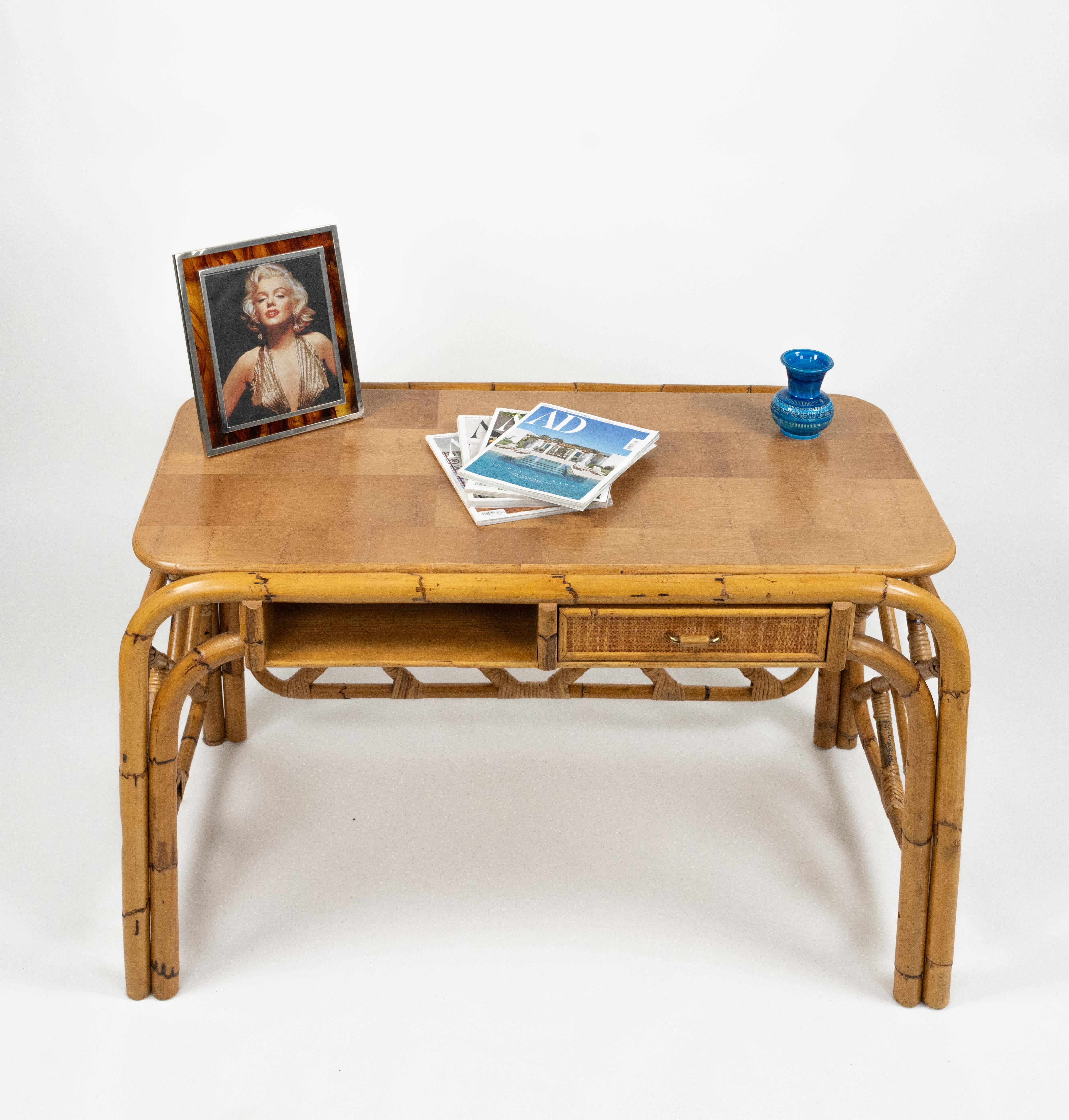 Midcentury Bamboo and Rattan Desk Writing Table Vivai Del Sud Style, Italy 1970s For Sale 3