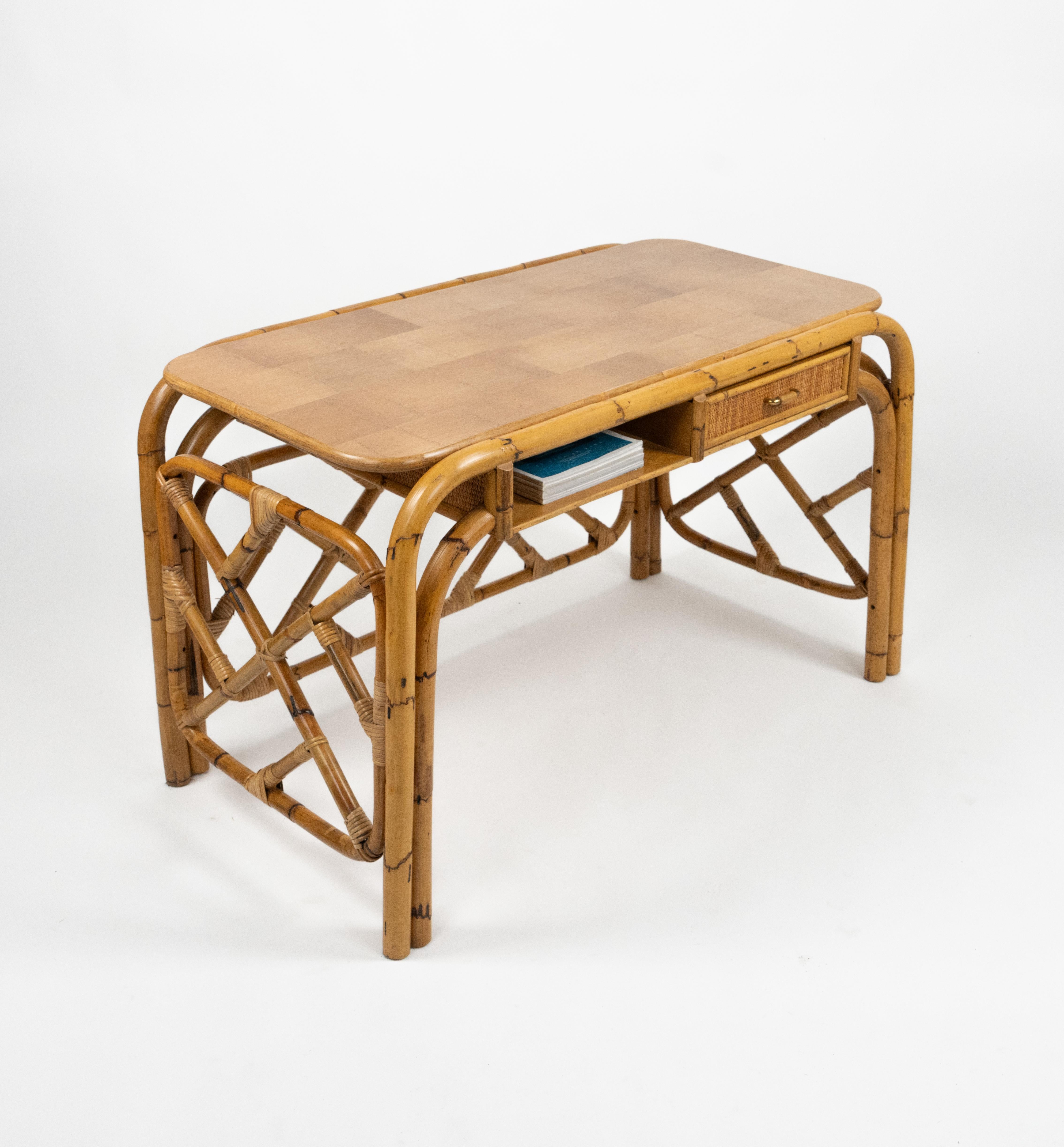 Midcentury Bamboo and Rattan Desk Writing Table Vivai Del Sud Style, Italy 1970s For Sale 4
