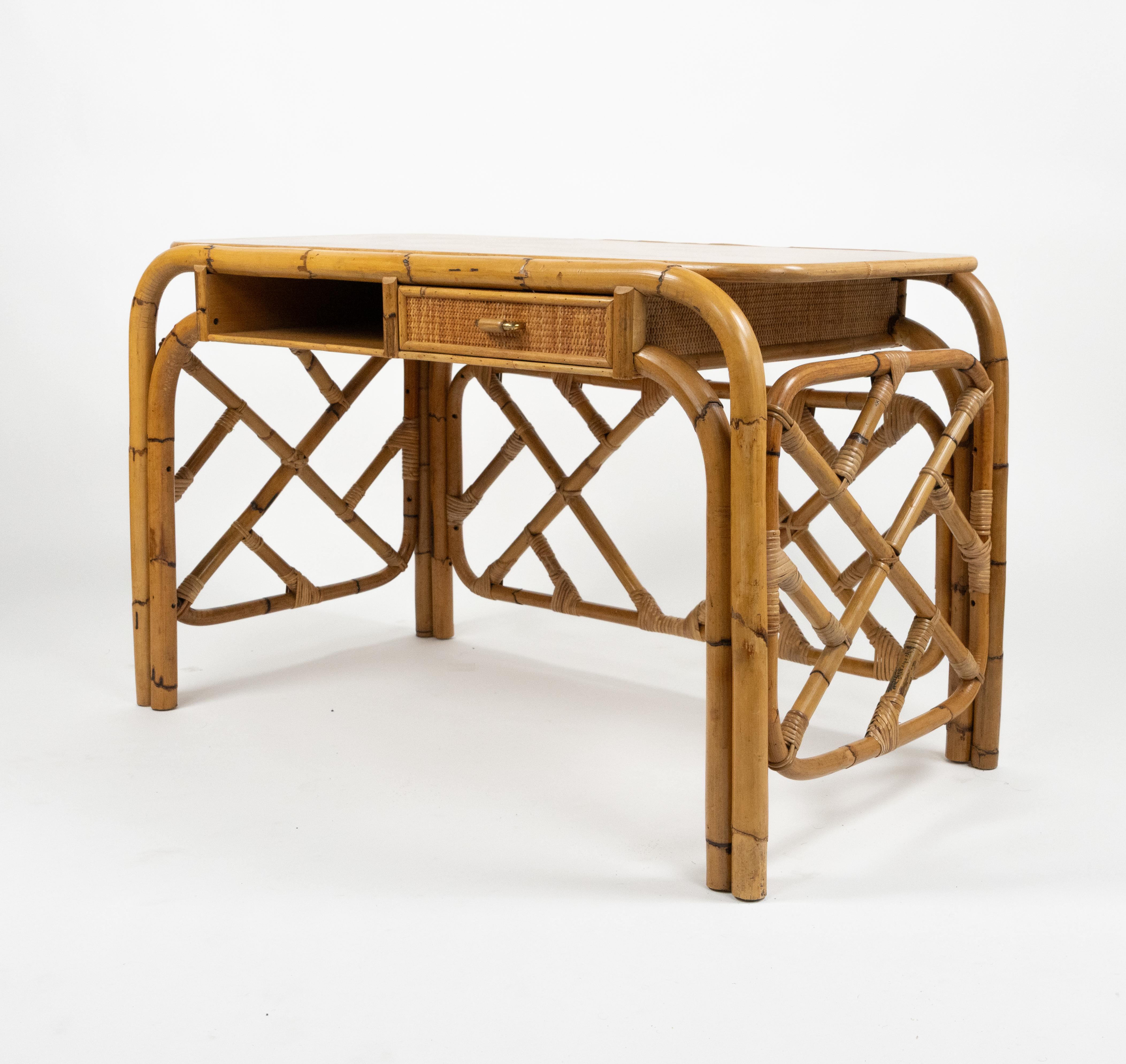 Mid-Century Modern Midcentury Bamboo and Rattan Desk Writing Table Vivai Del Sud Style, Italy 1970s For Sale