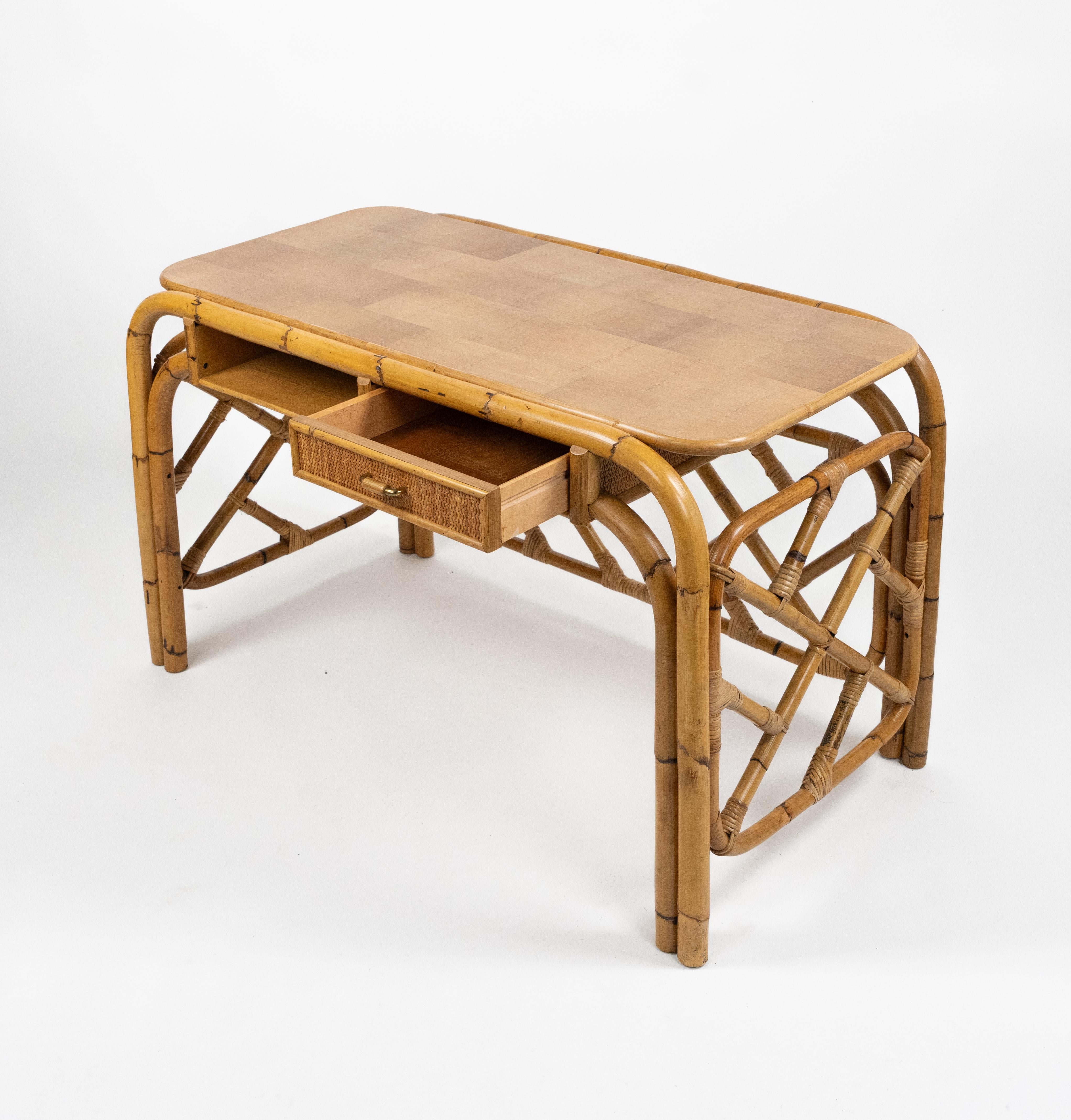 Hand-Crafted Midcentury Bamboo and Rattan Desk Writing Table Vivai Del Sud Style, Italy 1970s For Sale
