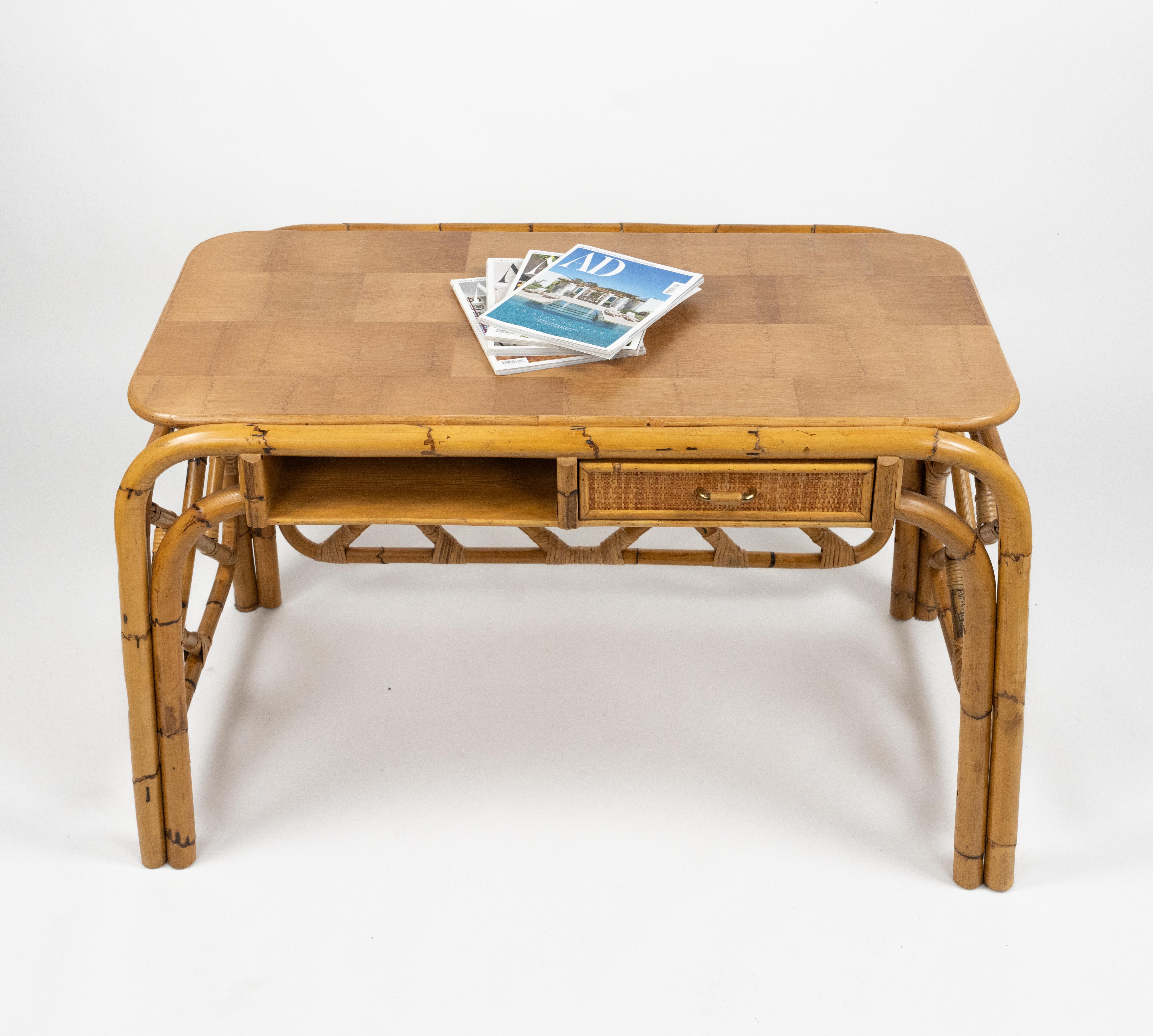 Midcentury Bamboo and Rattan Desk Writing Table Vivai Del Sud Style, Italy 1970s For Sale 2