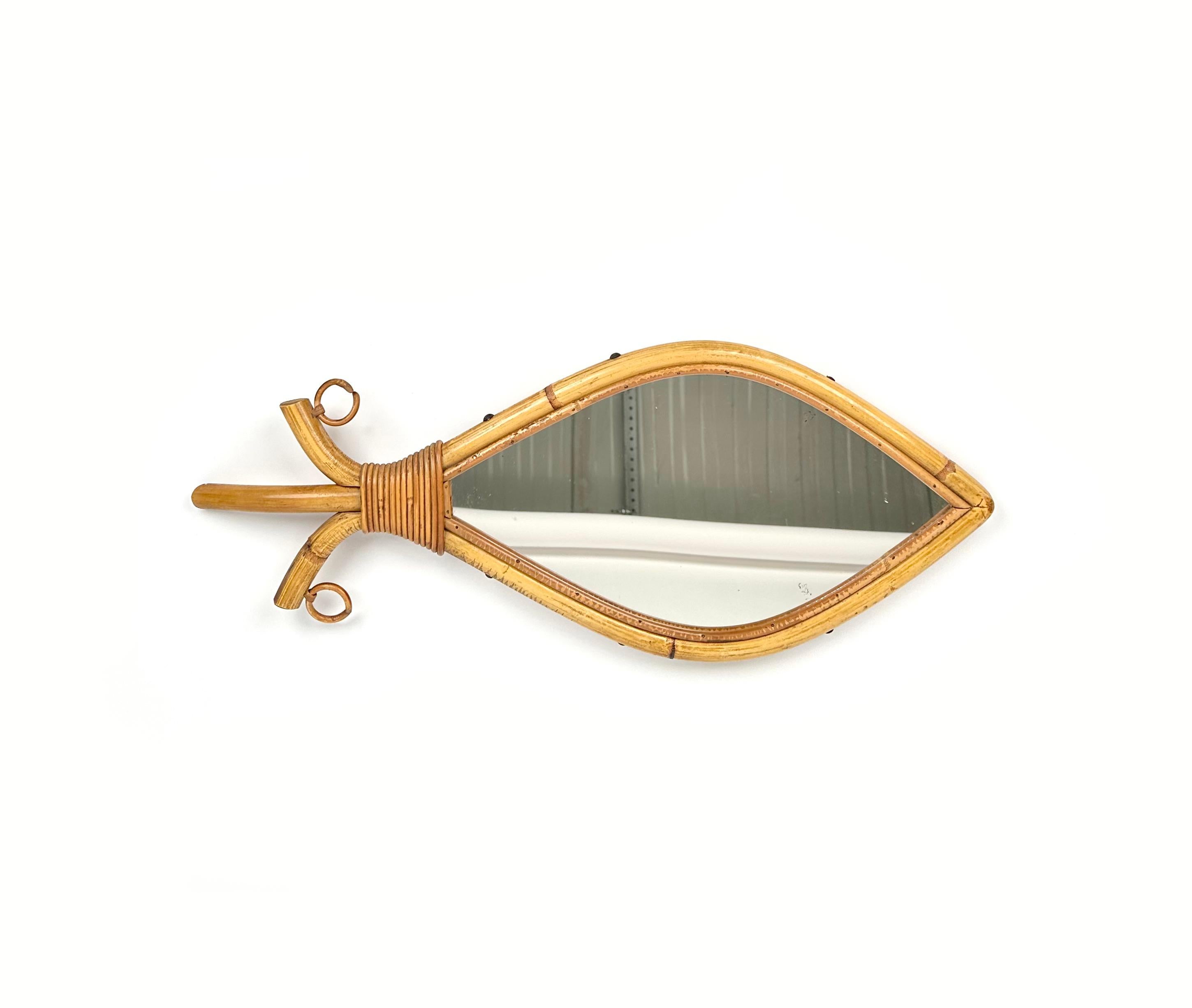 Mid-20th Century Midcentury Bamboo and Rattan Fish Shaped Wall Mirror, Italy, 1960s