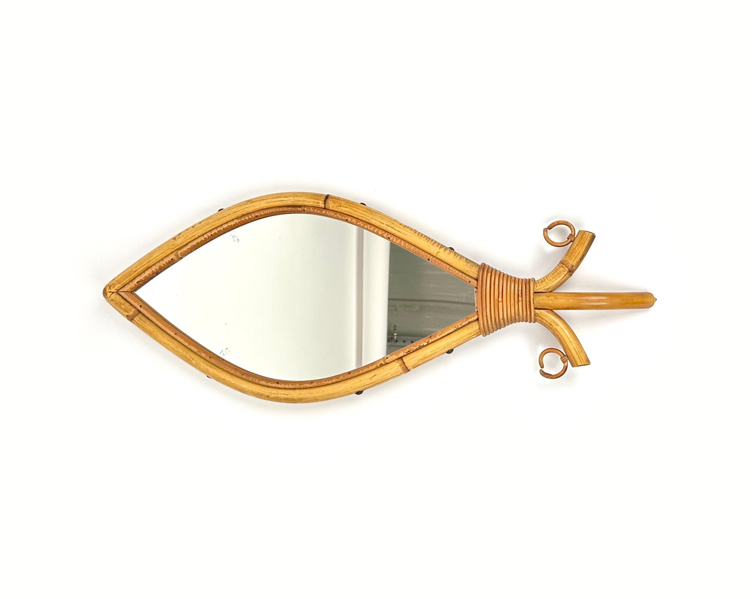 Metal Midcentury Bamboo and Rattan Fish Shaped Wall Mirror, Italy, 1960s