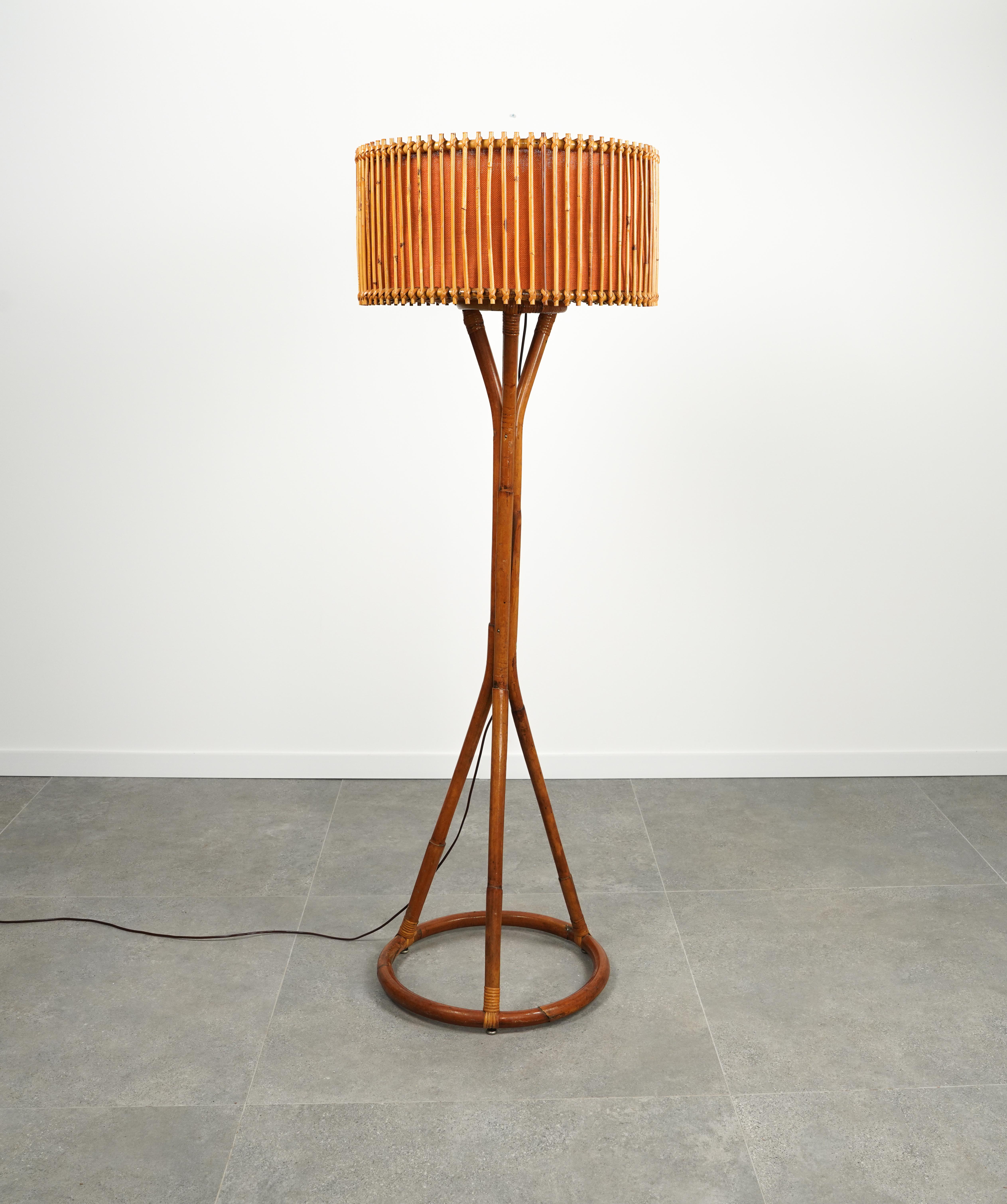 Mid-Century Modern Midcentury Bamboo and Rattan Floor Lamp Franco Albini Style, Italy 1960s For Sale