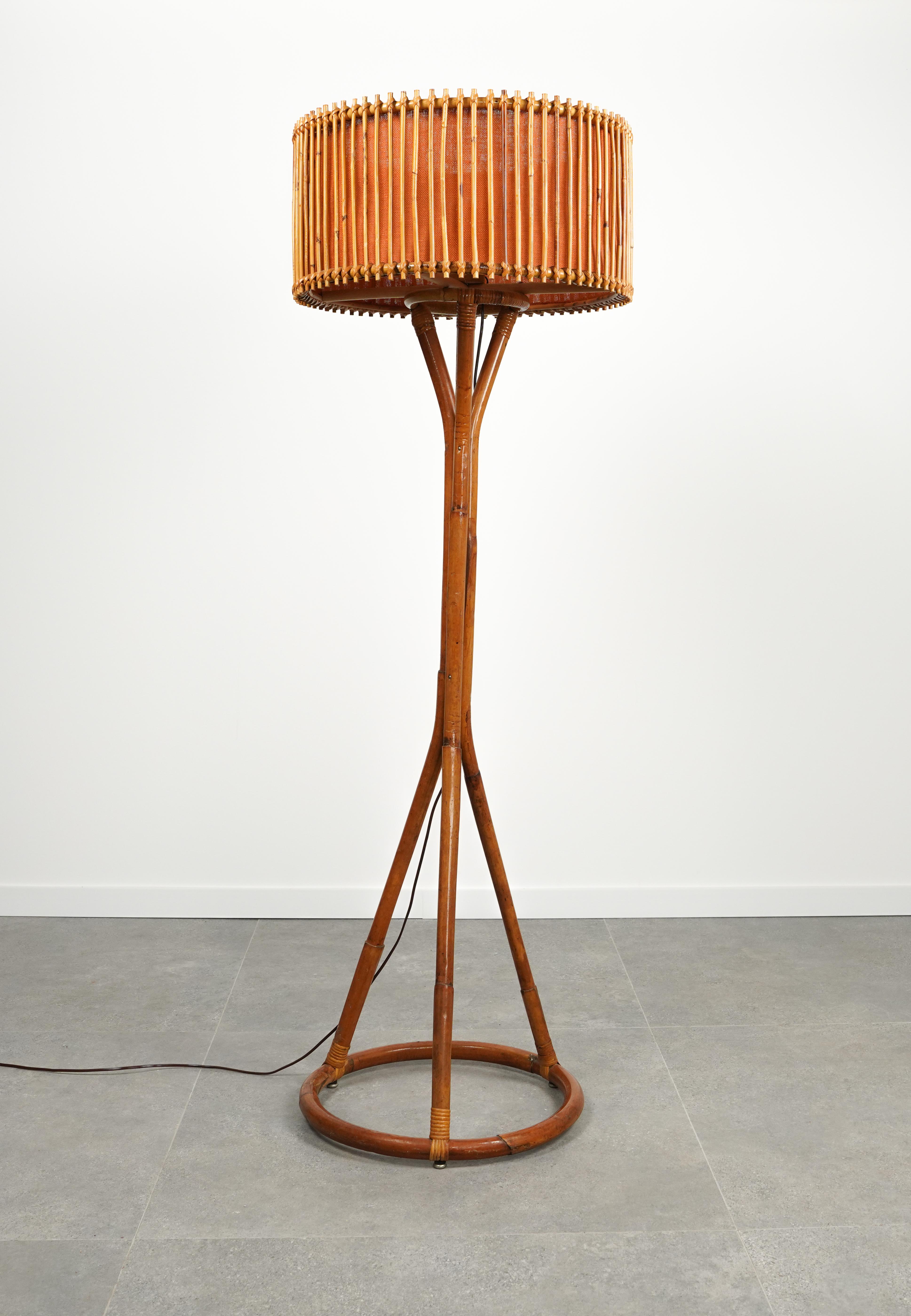 Italian Midcentury Bamboo and Rattan Floor Lamp Franco Albini Style, Italy 1960s For Sale