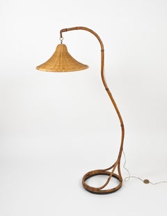 Midcentury Bamboo and Rattan Floor Lamp Louis Sognot Style, Italy 1960s