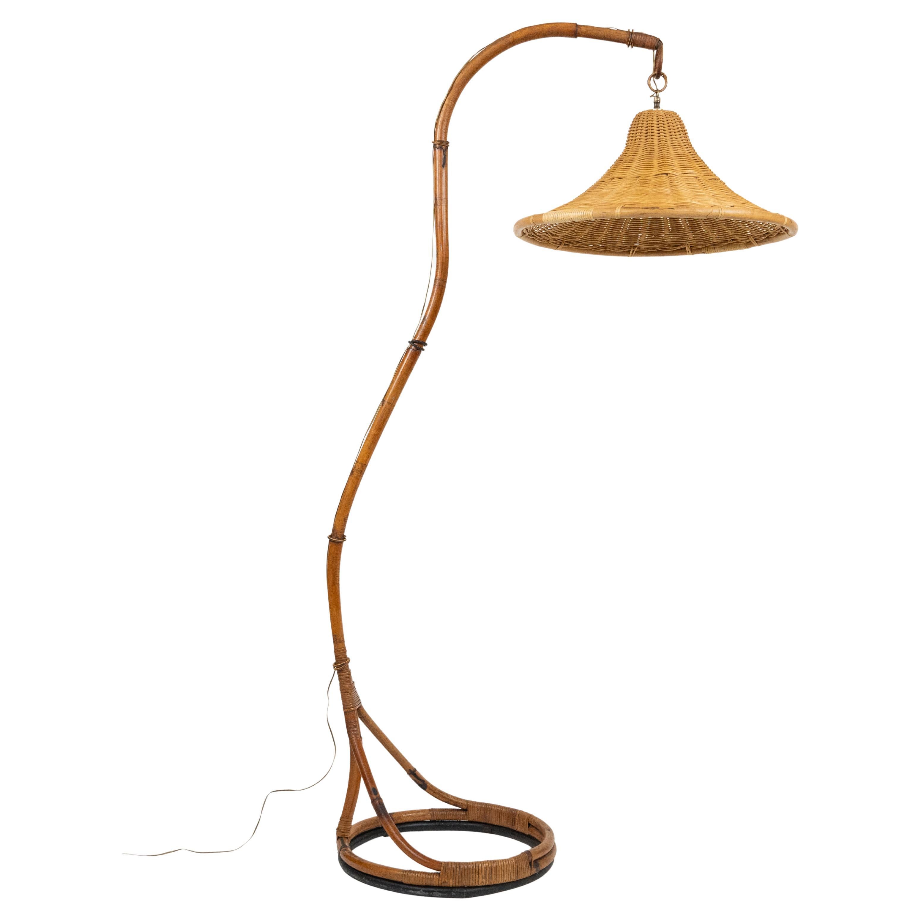 Midcentury Bamboo and Rattan Floor Lamp Louis Sognot Style, Italy 1960s