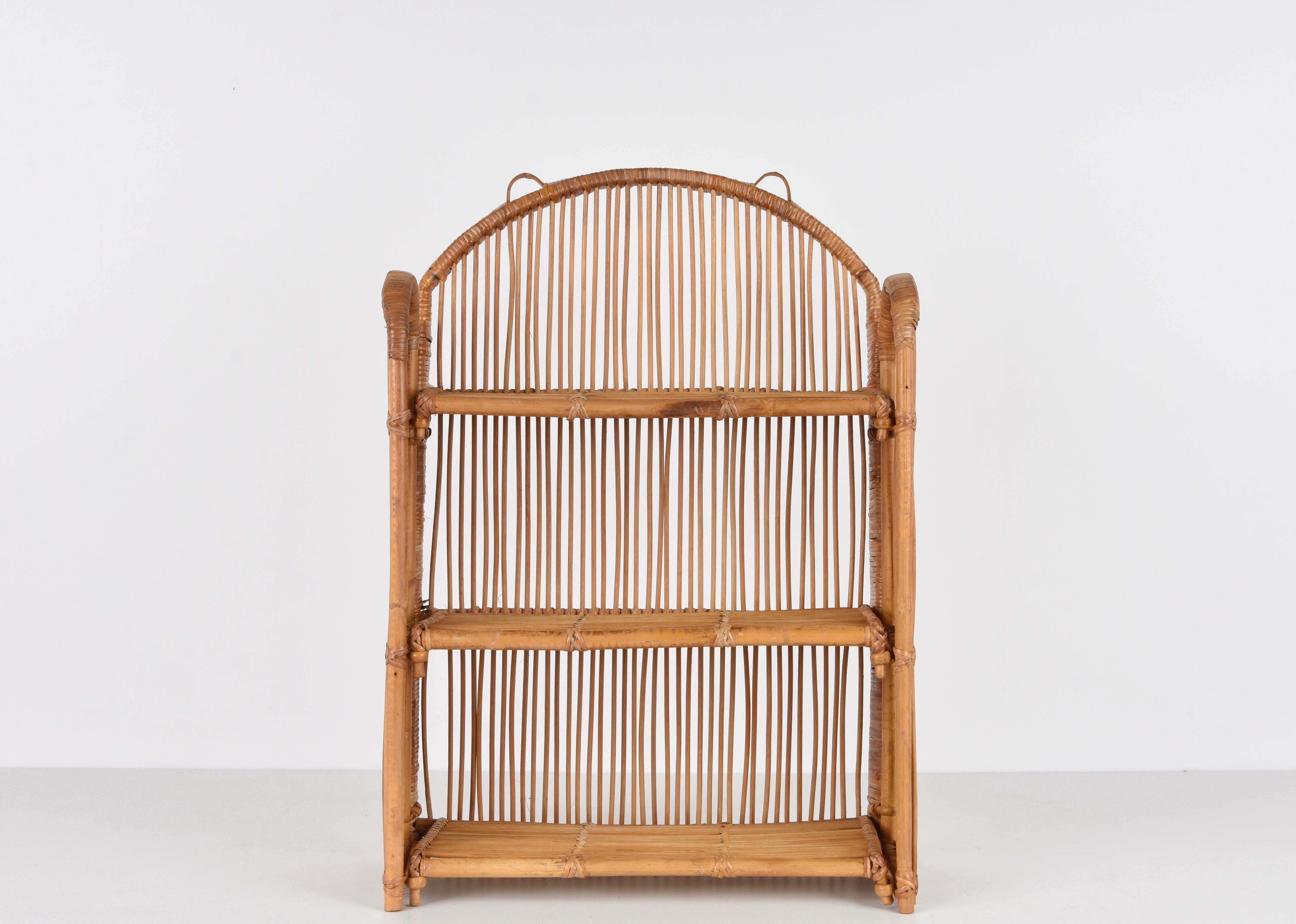 Midcentury Bamboo and Rattan Foldable Italian Wall Shelf with Three Levels 1980s 5