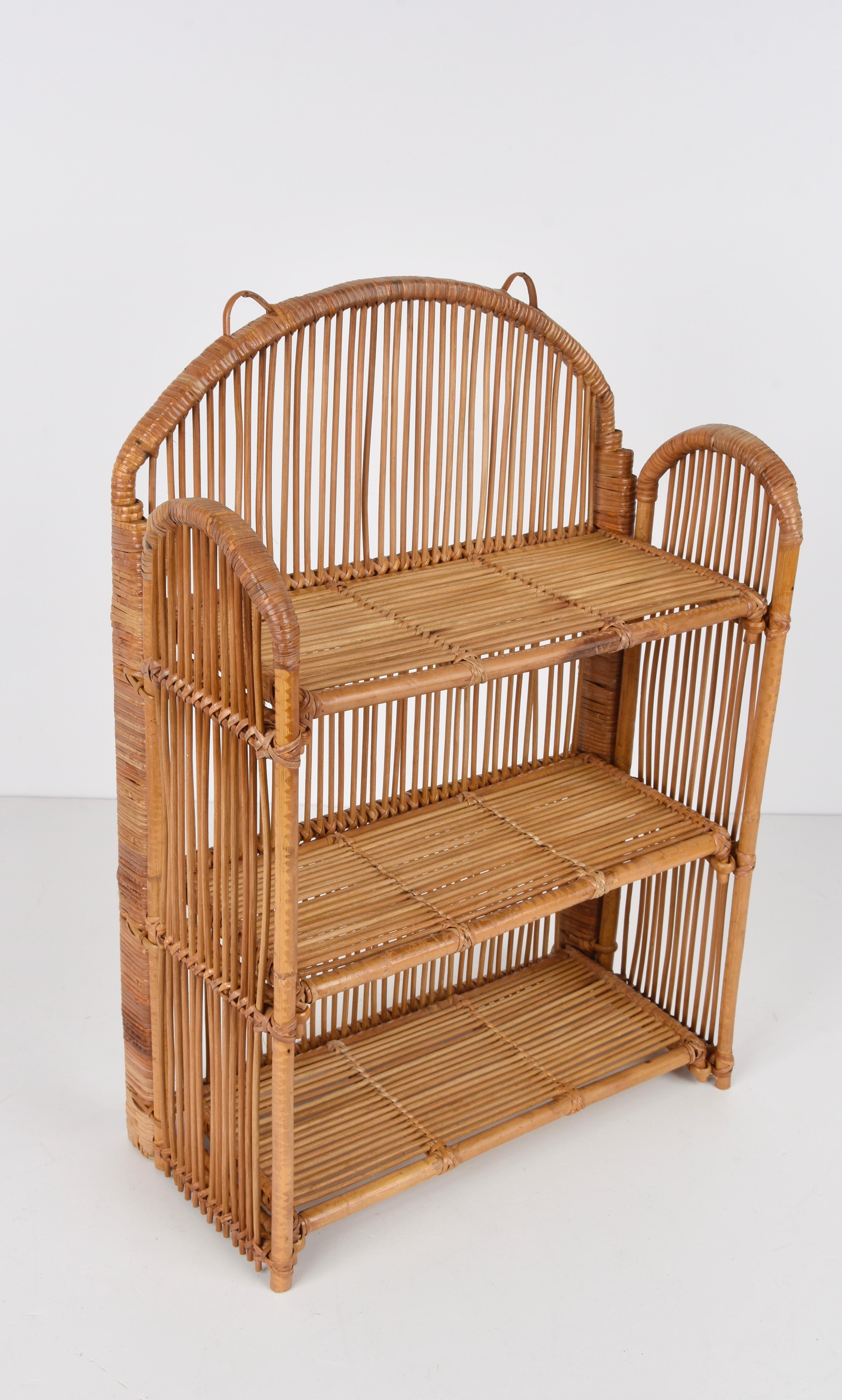 Midcentury Bamboo and Rattan Foldable Italian Wall Shelf with Three Levels 1980s 6