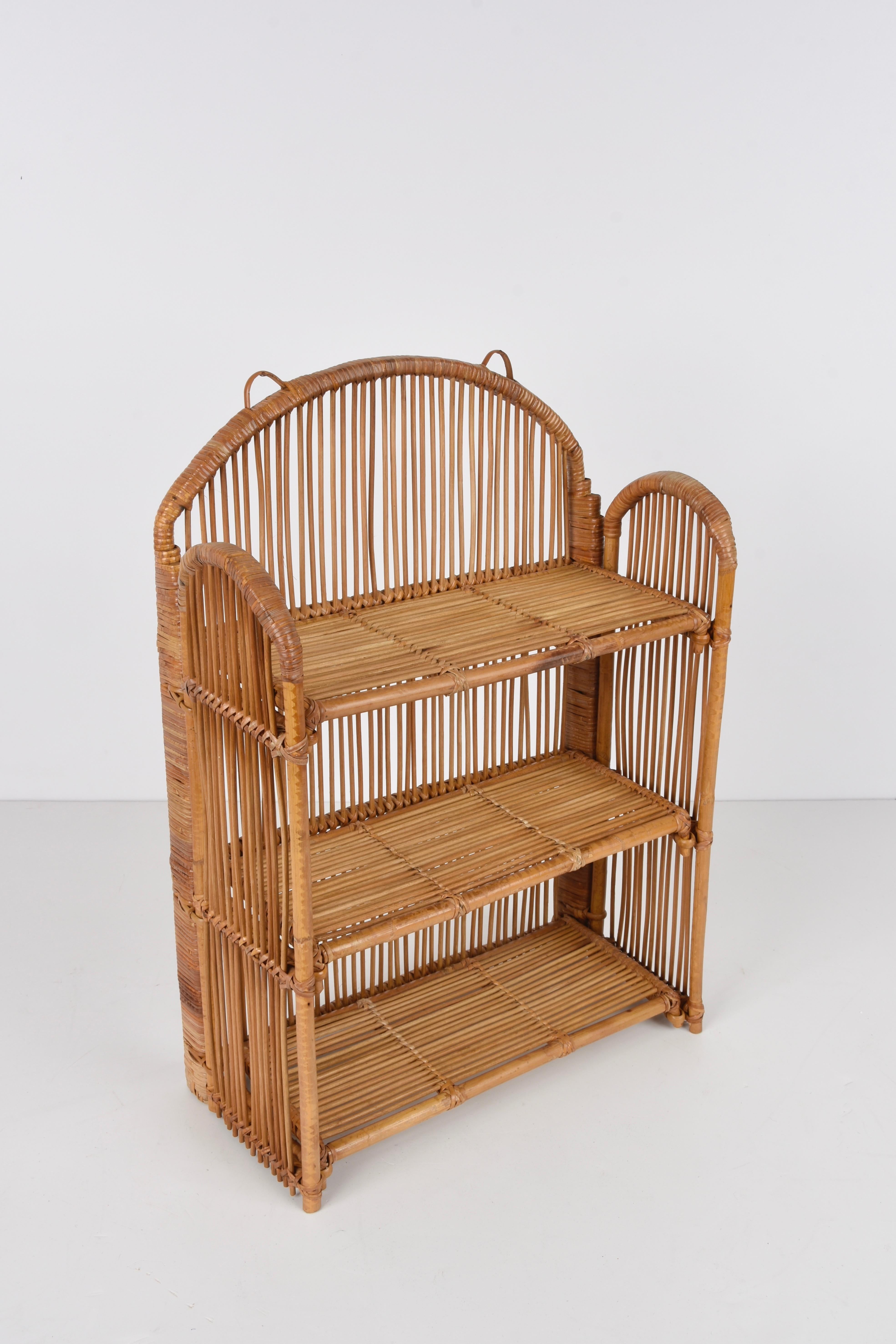 Midcentury Bamboo and Rattan Foldable Italian Wall Shelf with Three Levels 1980s 8