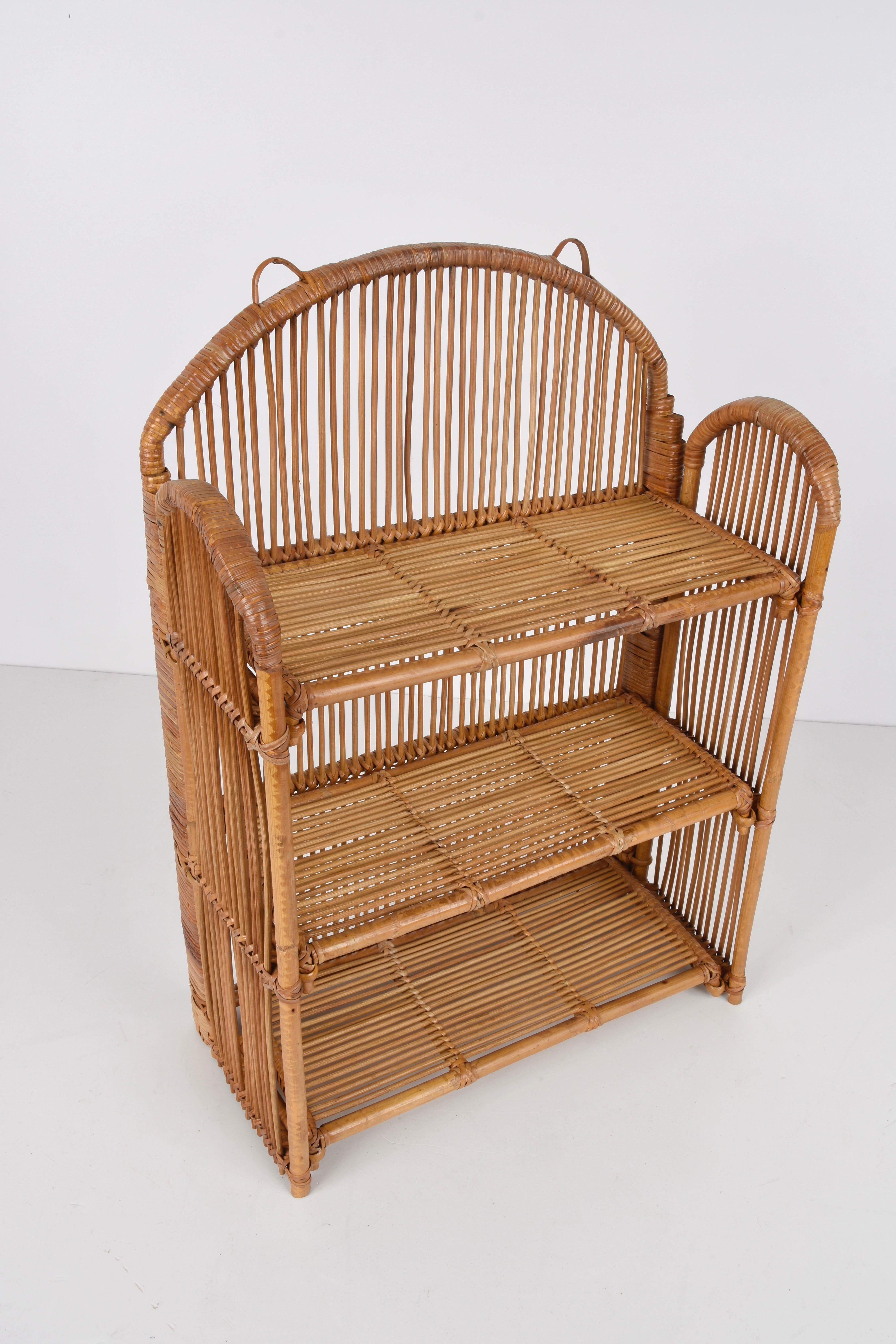 Midcentury Bamboo and Rattan Foldable Italian Wall Shelf with Three Levels 1980s 9