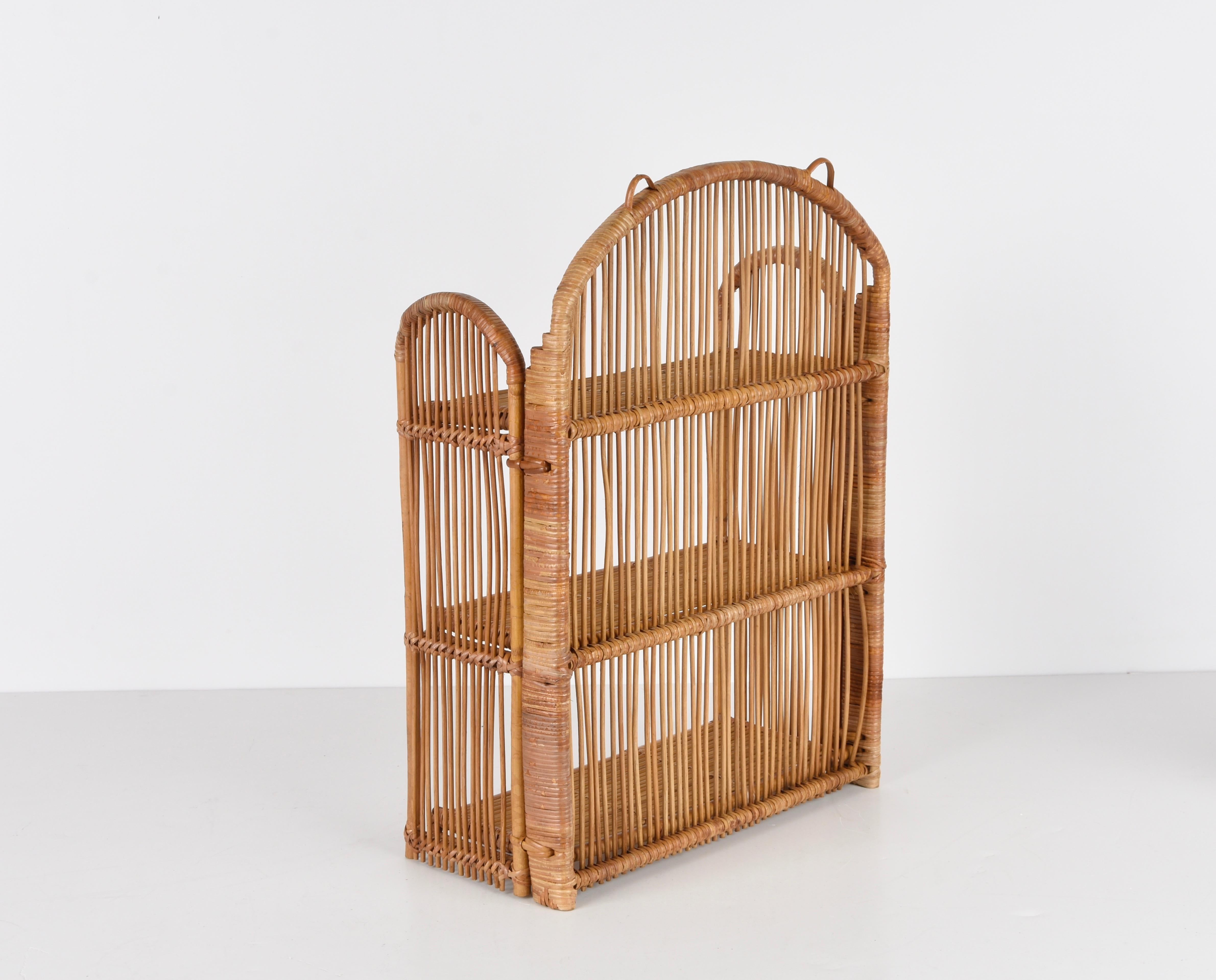 Midcentury Bamboo and Rattan Foldable Italian Wall Shelf with Three Levels 1980s 10