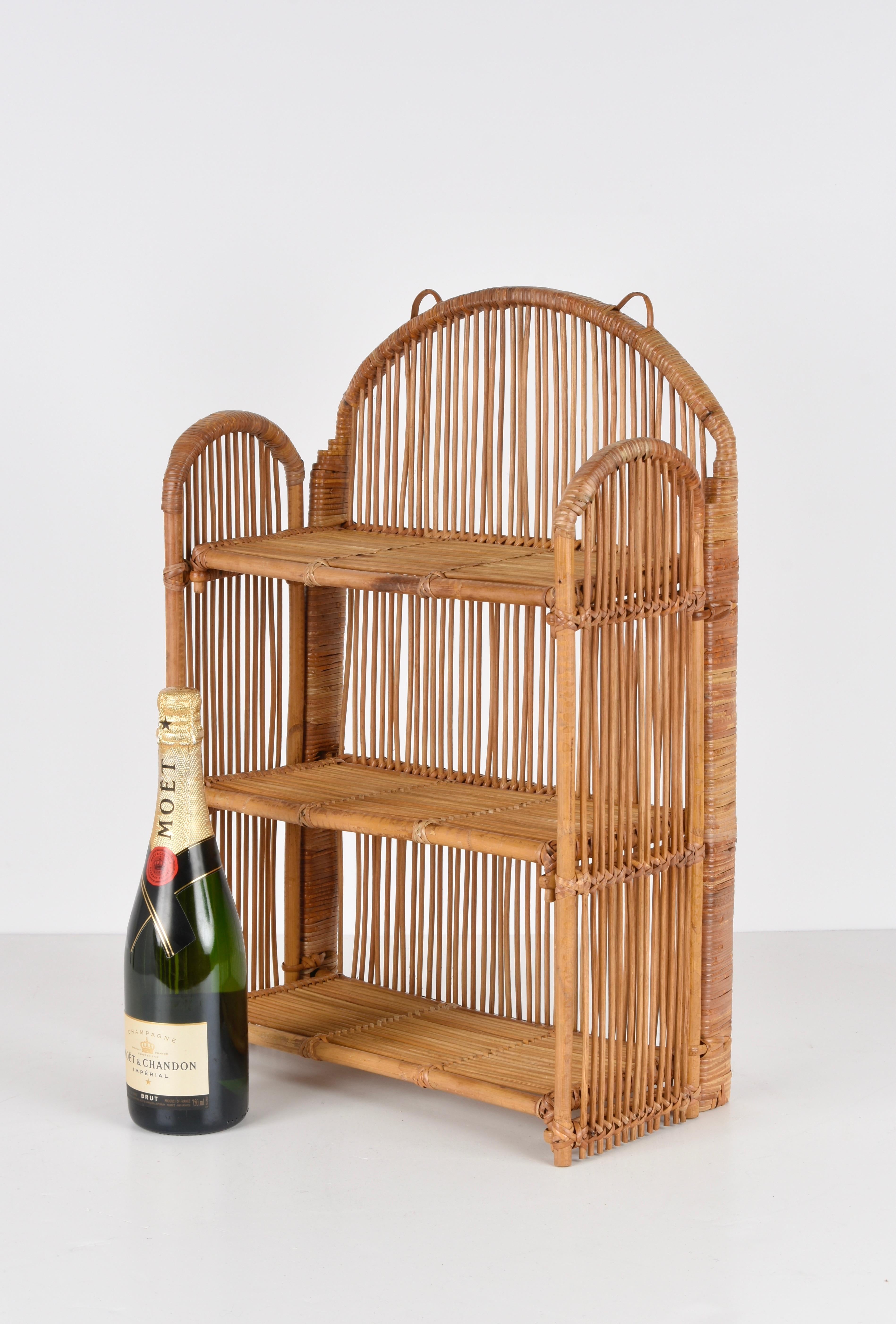 Midcentury Bamboo and Rattan Foldable Italian Wall Shelf with Three Levels 1980s 12