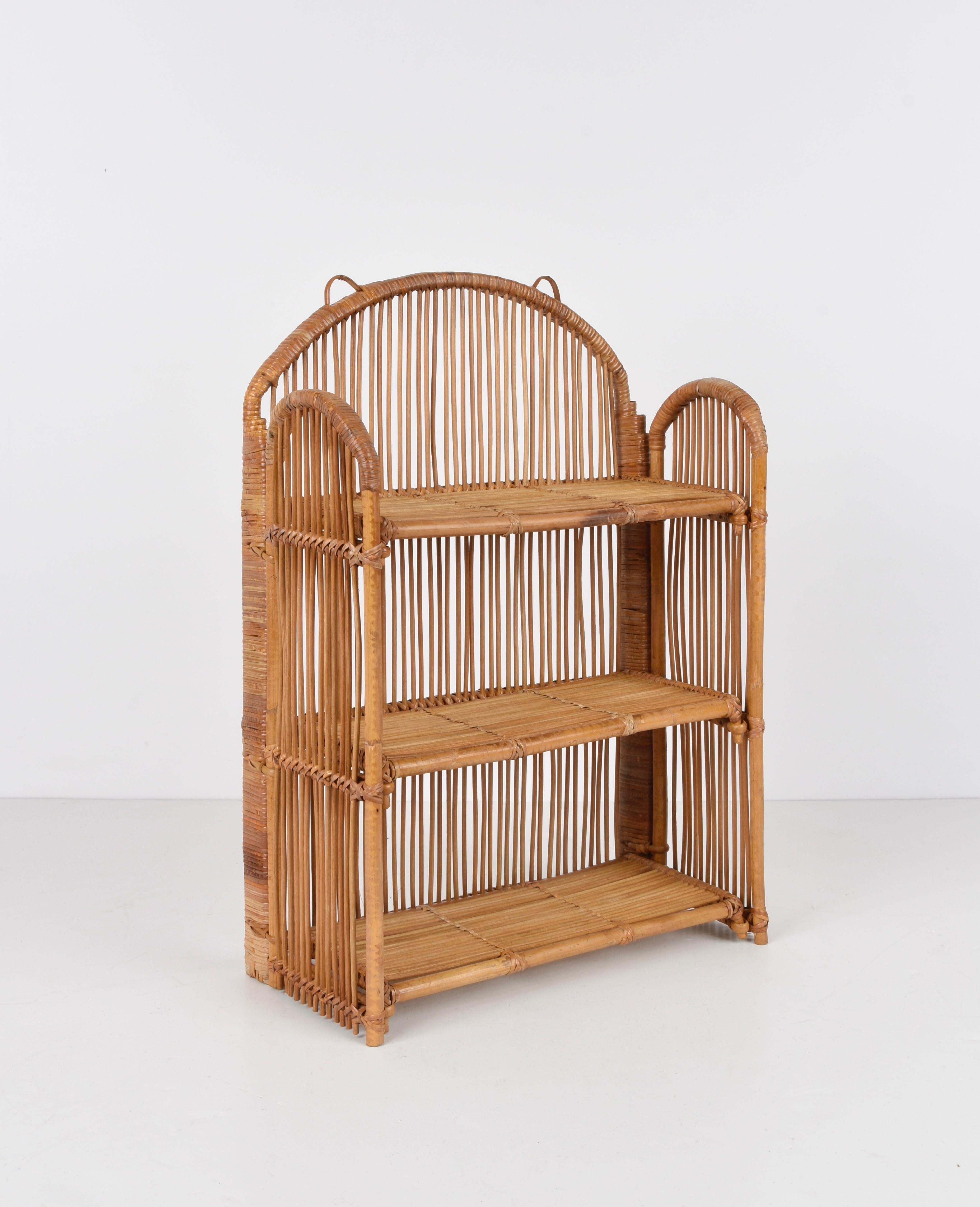 20th Century Midcentury Bamboo and Rattan Foldable Italian Wall Shelf with Three Levels 1980s