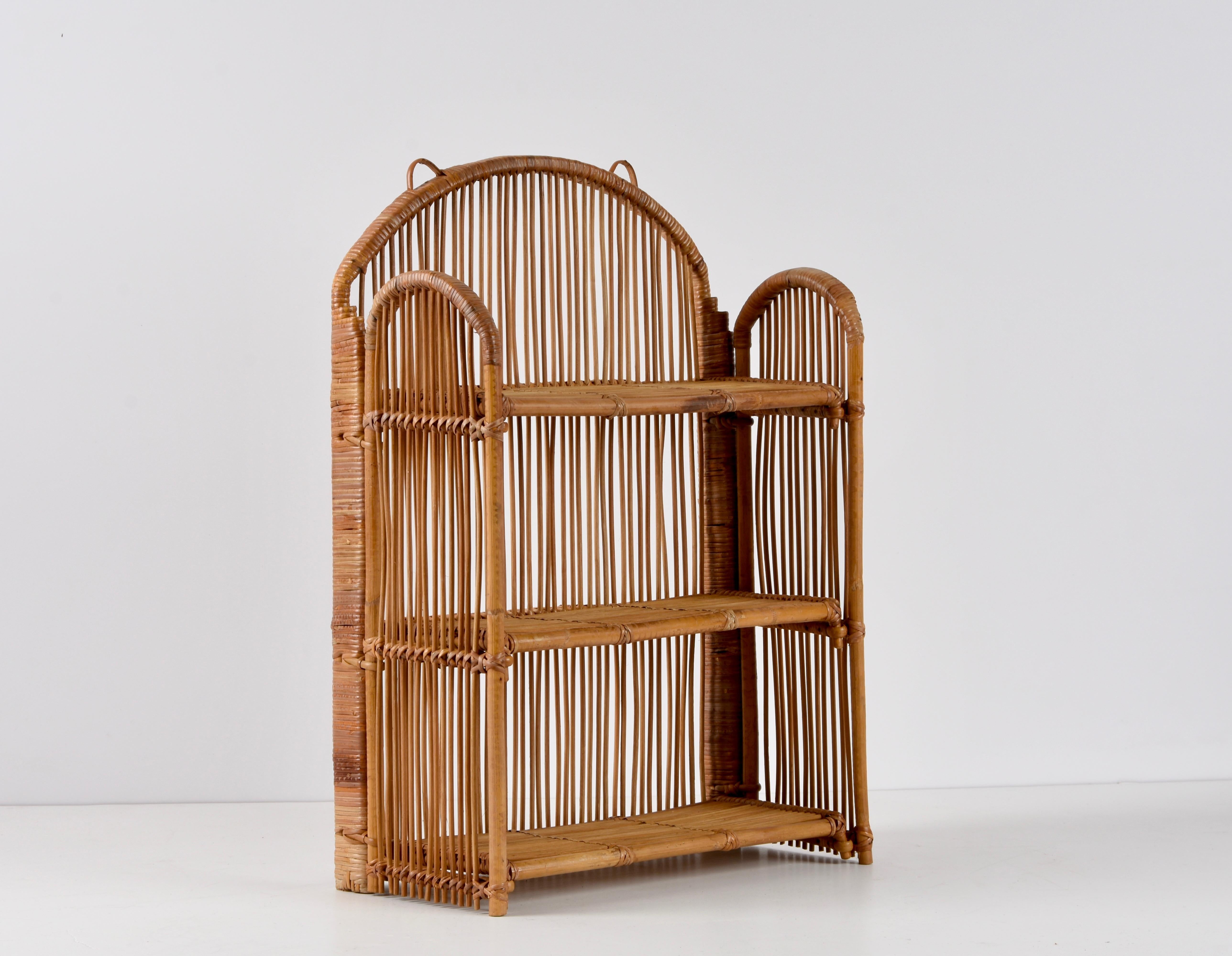 Midcentury Bamboo and Rattan Foldable Italian Wall Shelf with Three Levels 1980s 1