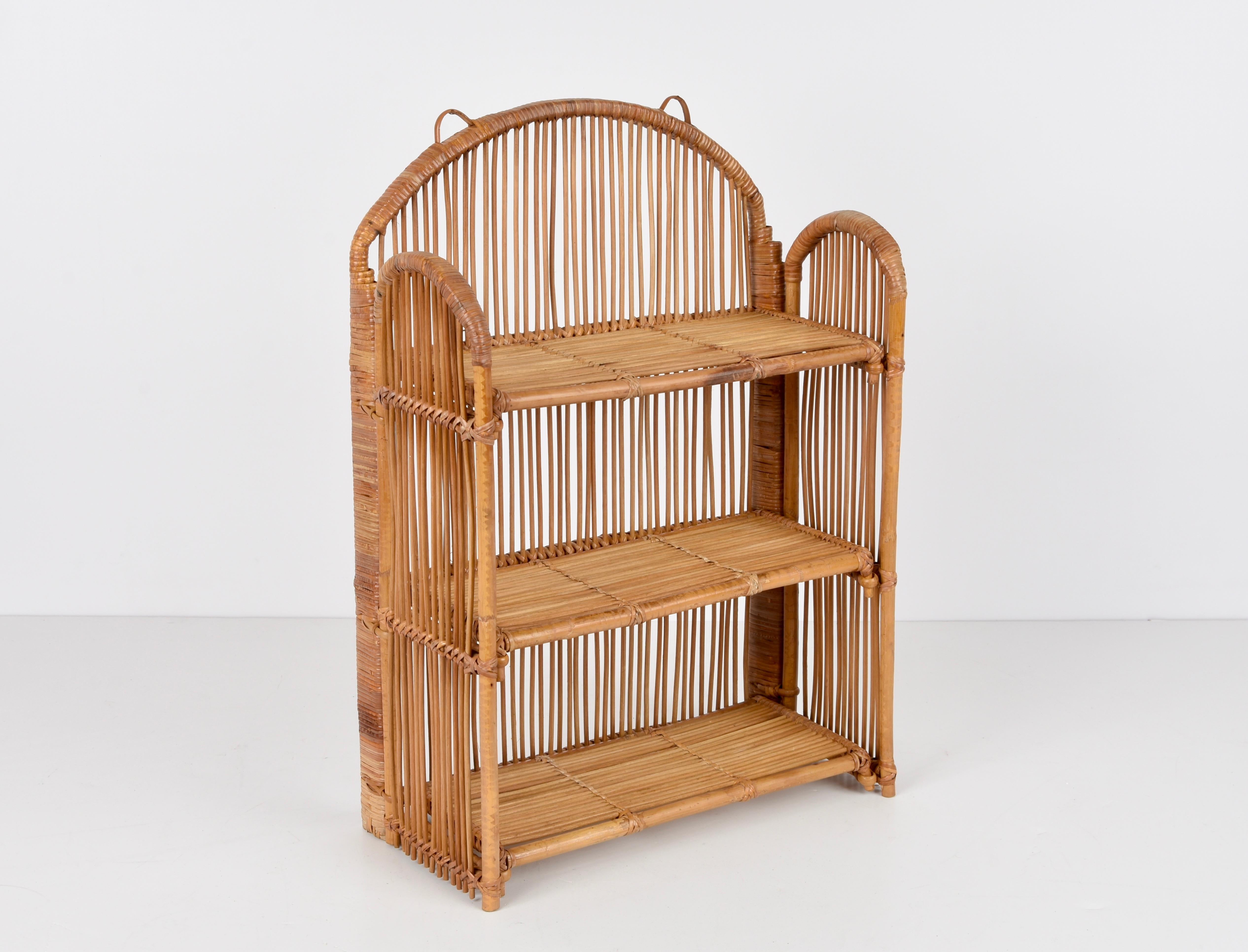 Midcentury Bamboo and Rattan Foldable Italian Wall Shelf with Three Levels 1980s 2
