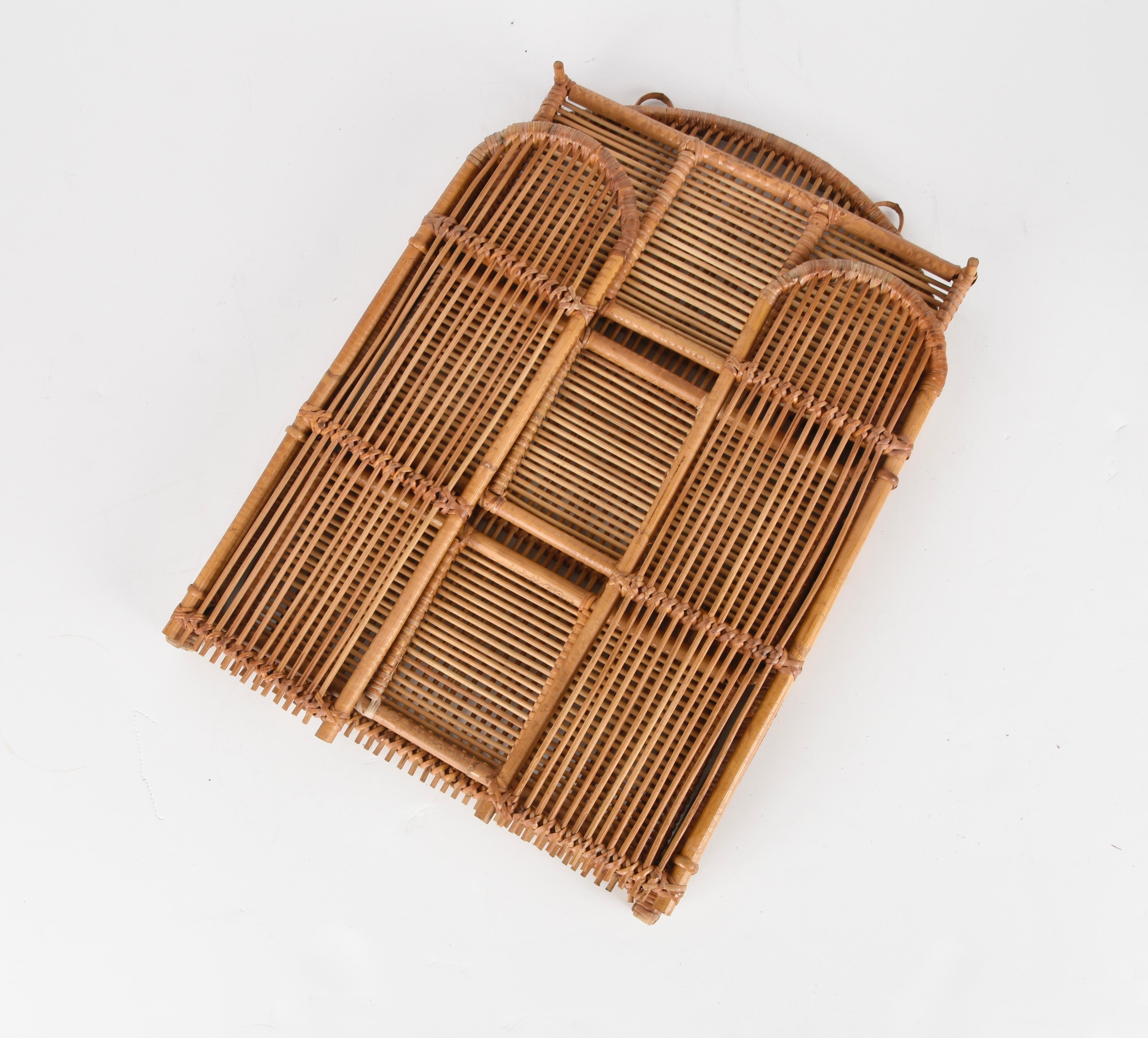 Midcentury Bamboo and Rattan Foldable Italian Wall Shelf with Three Levels 1980s 3