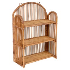 Midcentury Bamboo and Rattan Foldable Italian Wall Shelf with Three Levels 1980s