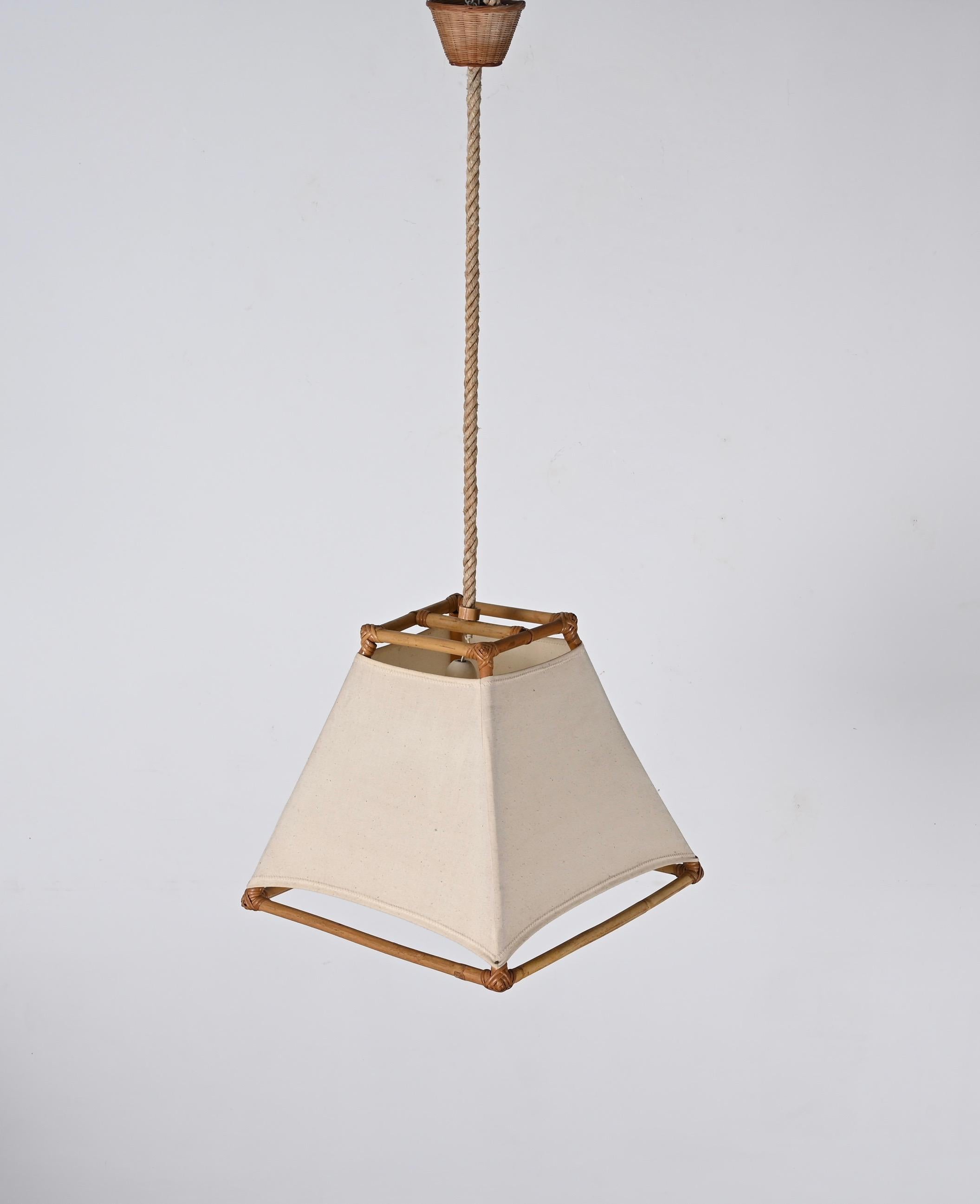 Midcentury Bamboo and Rattan French Chandelier After Louis Sognot, 1960s For Sale 4