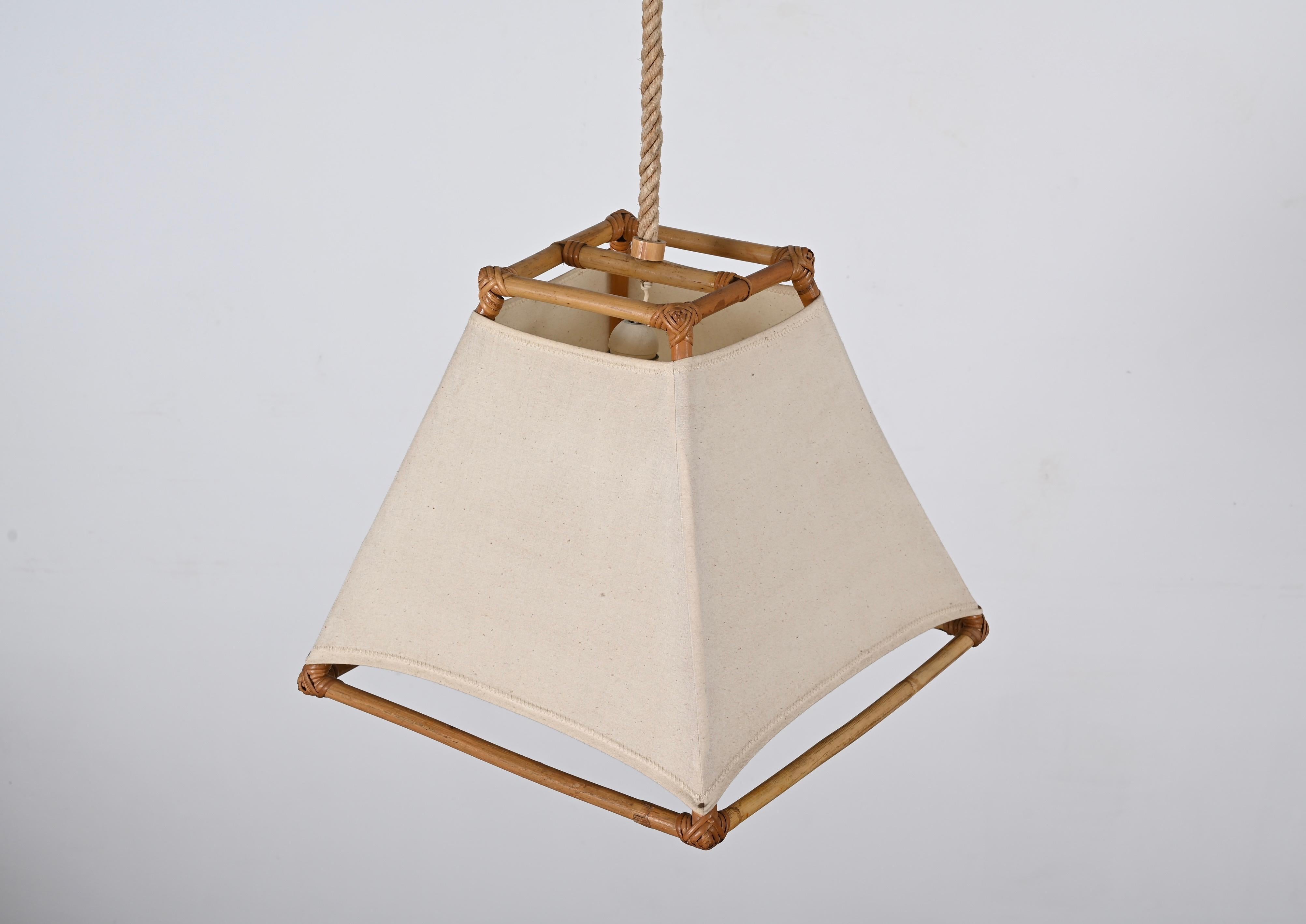 20th Century Midcentury Bamboo and Rattan French Chandelier After Louis Sognot, 1960s For Sale