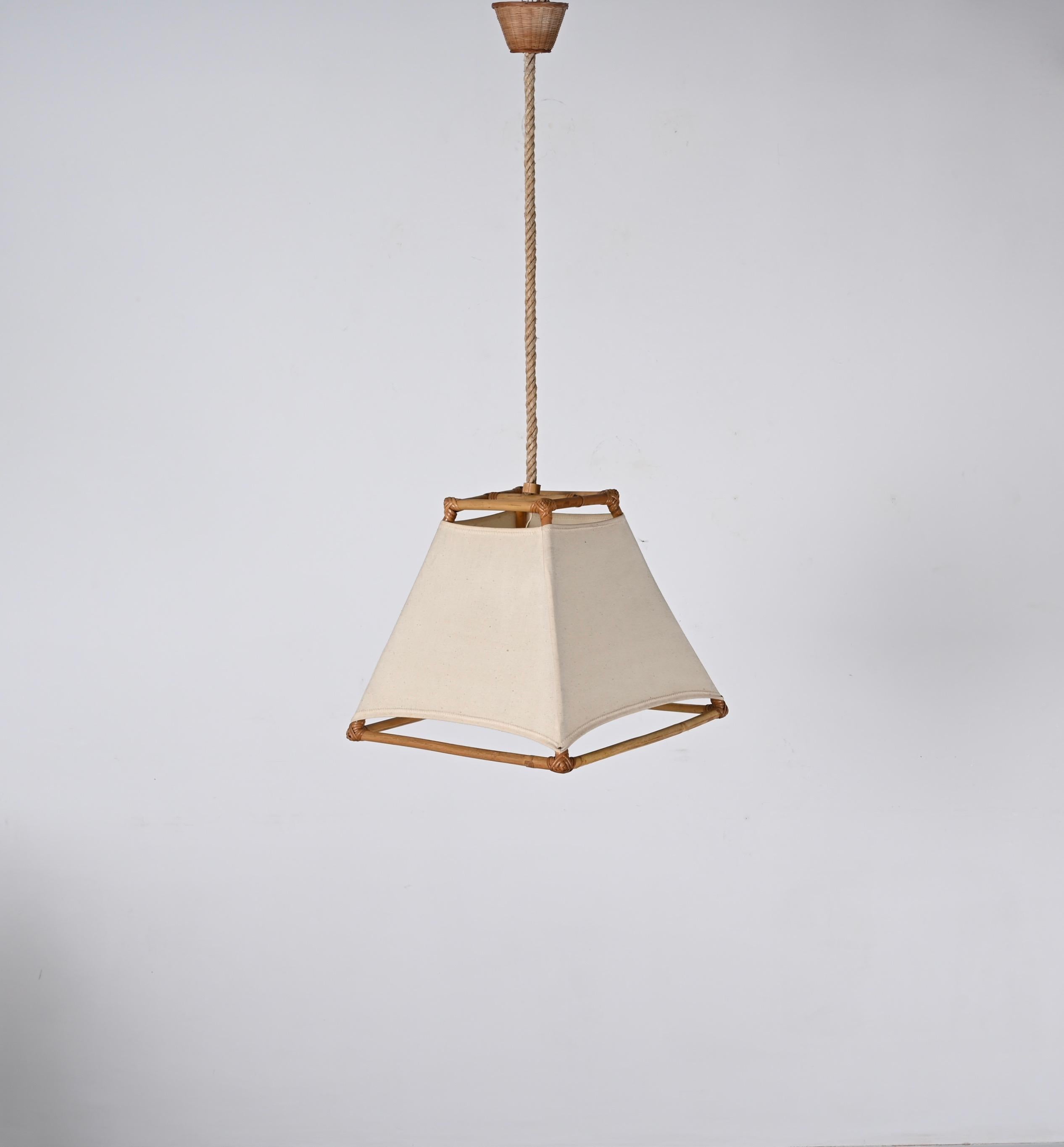 Midcentury Bamboo and Rattan French Chandelier After Louis Sognot, 1960s For Sale 1