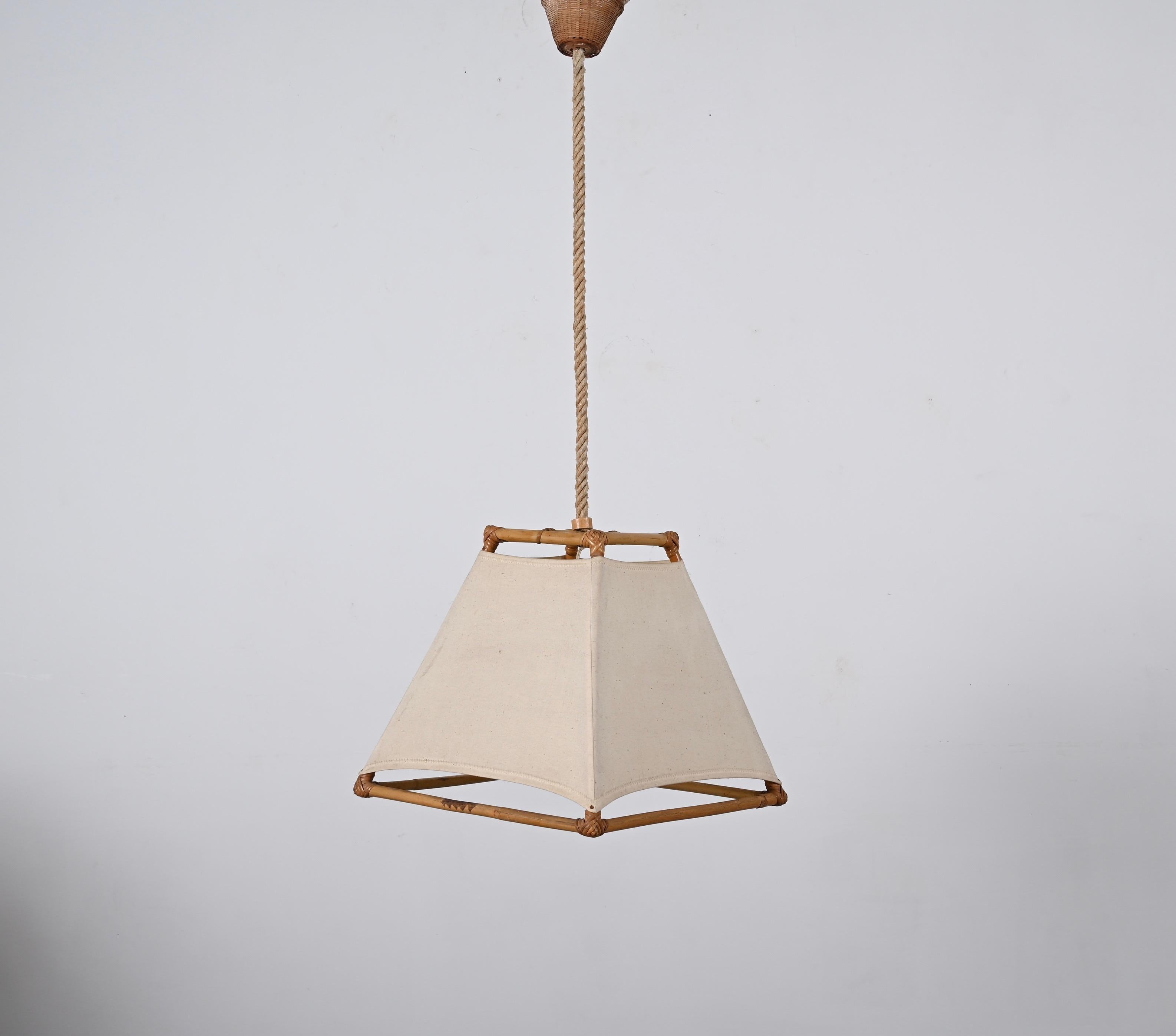 Midcentury Bamboo and Rattan French Chandelier After Louis Sognot, 1960s For Sale 2