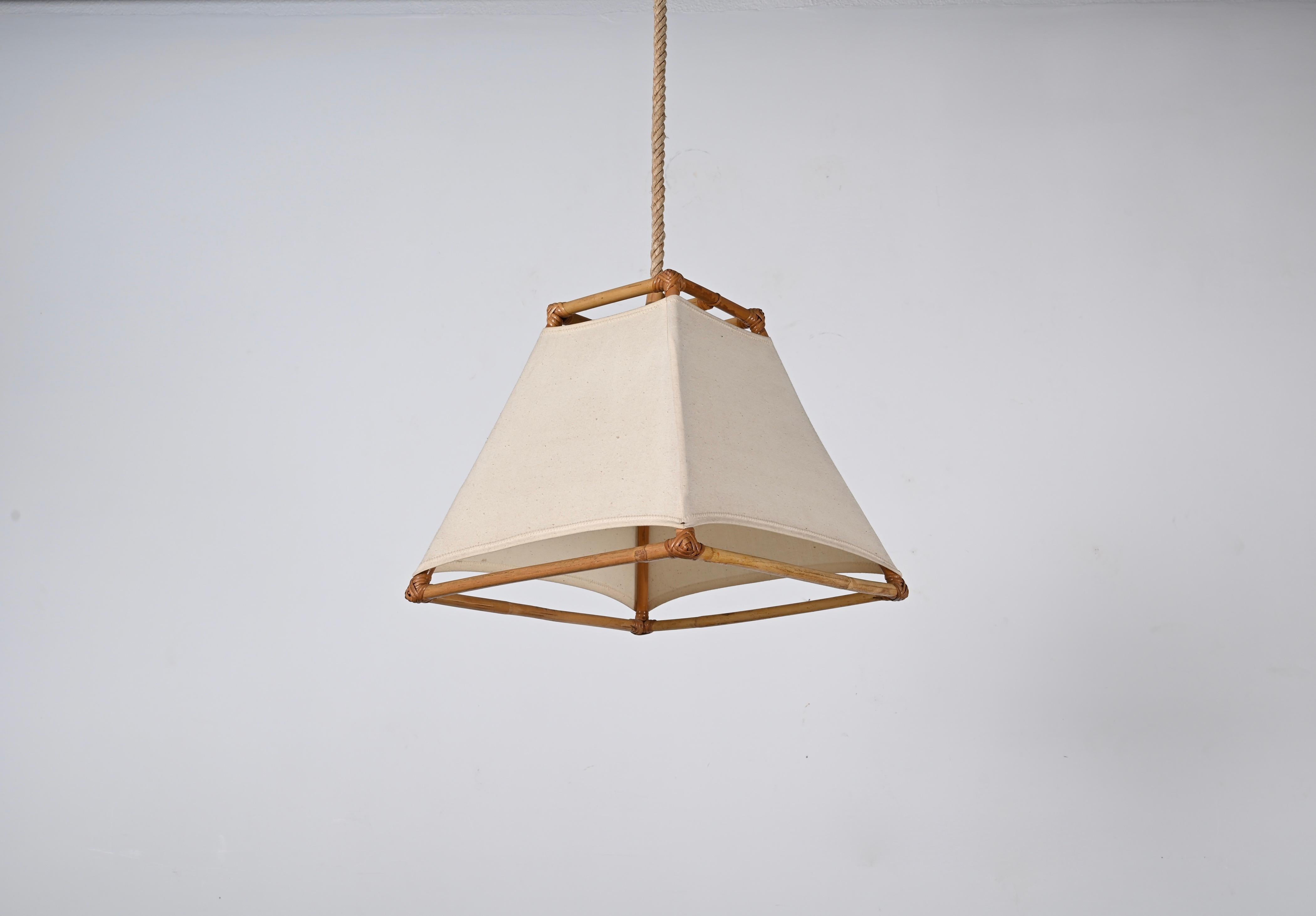 Midcentury Bamboo and Rattan French Chandelier After Louis Sognot, 1960s For Sale 3