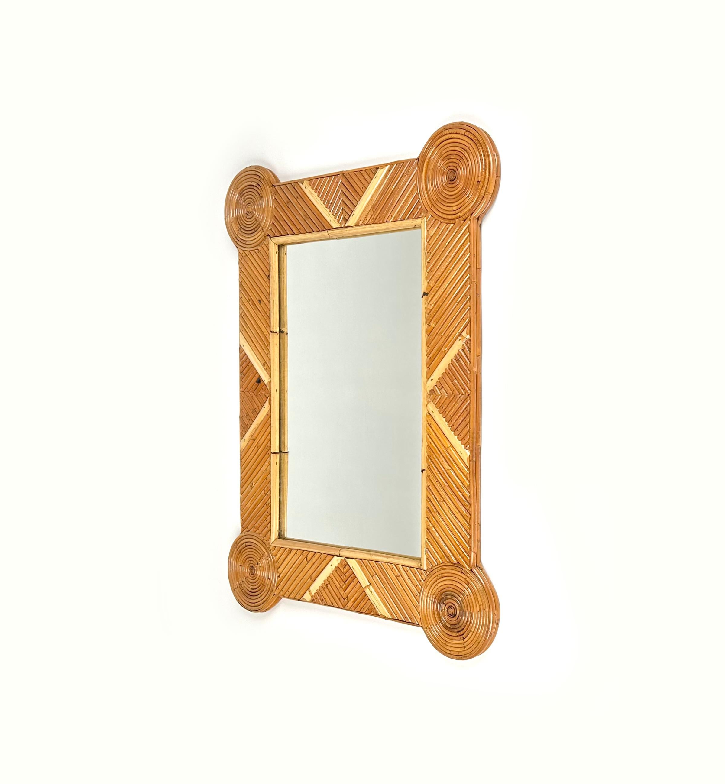 Mid-Century Modern Midcentury Bamboo and Rattan Geometric Wall Mirror by Arpex, Italy, 1970s