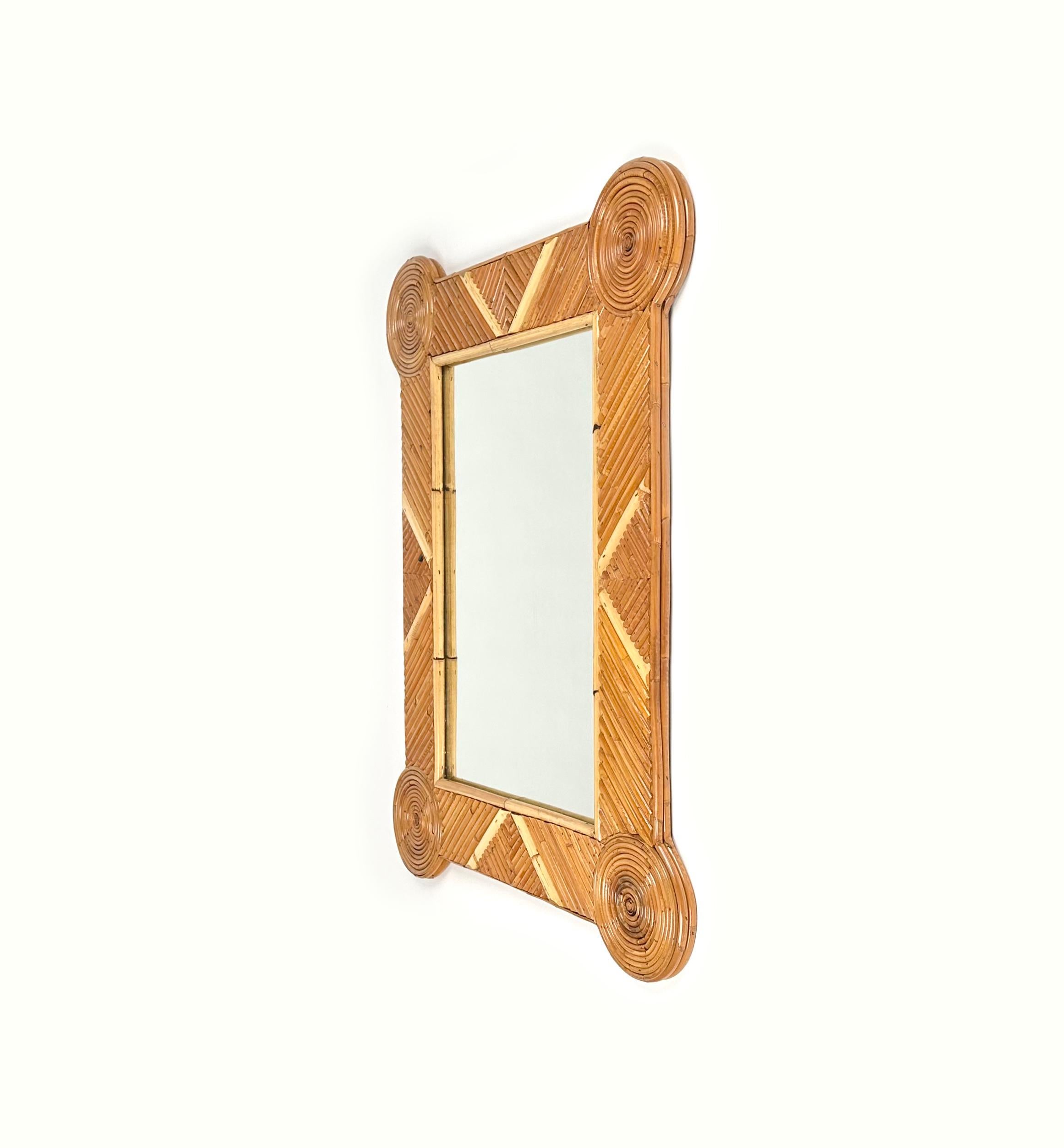 Italian Midcentury Bamboo and Rattan Geometric Wall Mirror by Arpex, Italy, 1970s