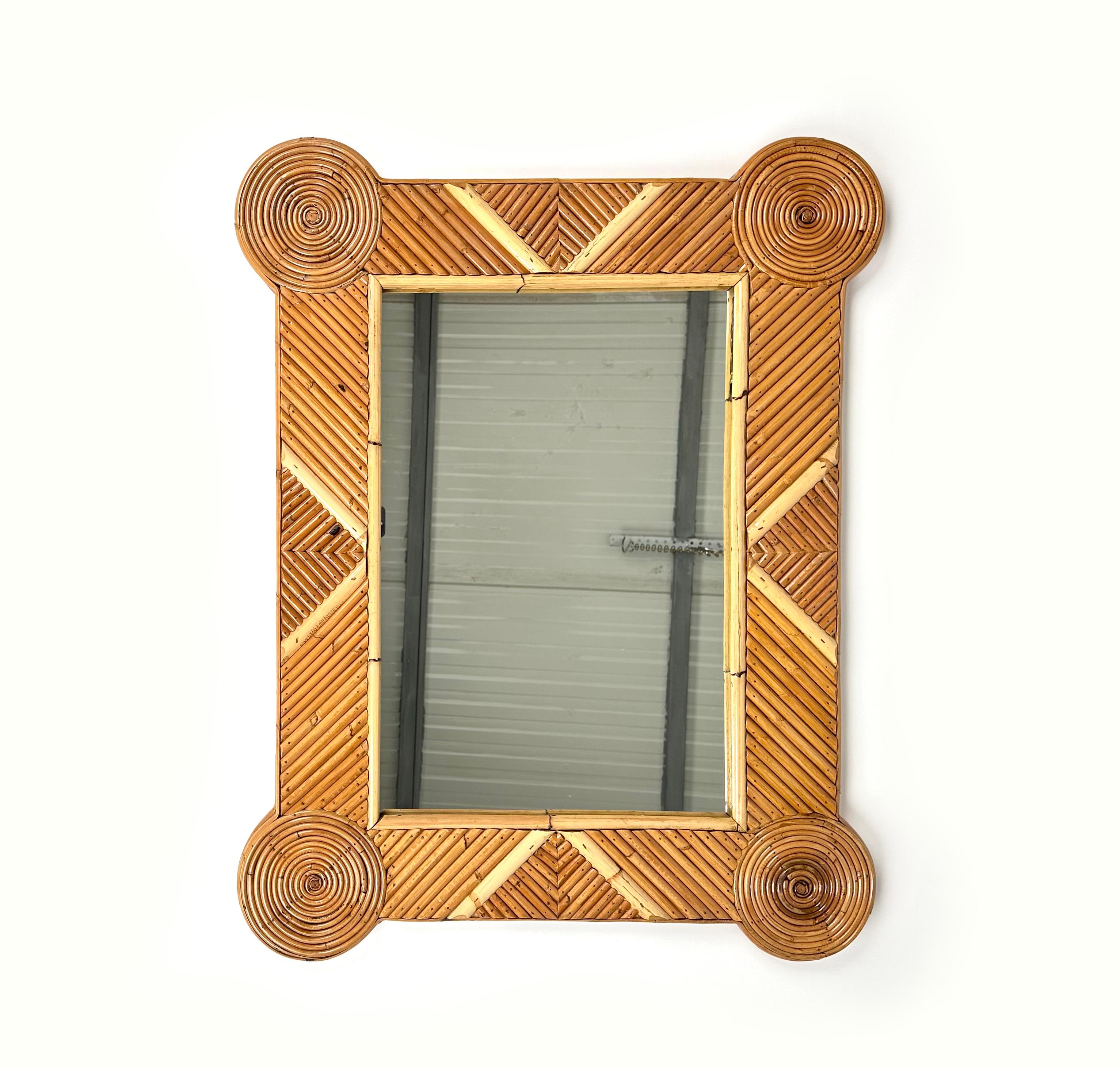 Midcentury Bamboo and Rattan Geometric Wall Mirror by Arpex, Italy, 1970s In Good Condition In Rome, IT