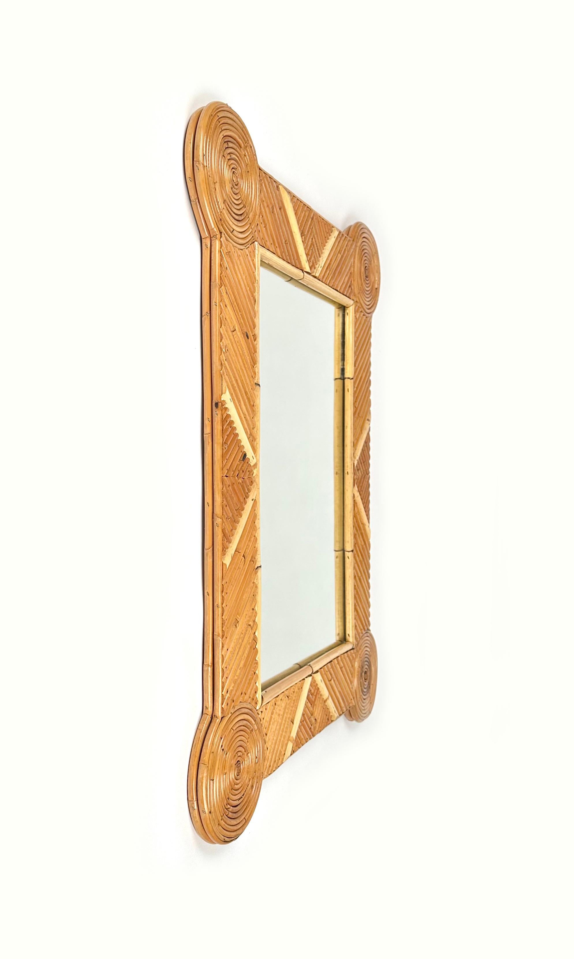 Late 20th Century Midcentury Bamboo and Rattan Geometric Wall Mirror by Arpex, Italy, 1970s