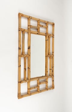 Midcentury Bamboo and Rattan Geometric Wall Mirror by Vivai Del Sud, Italy 1970s