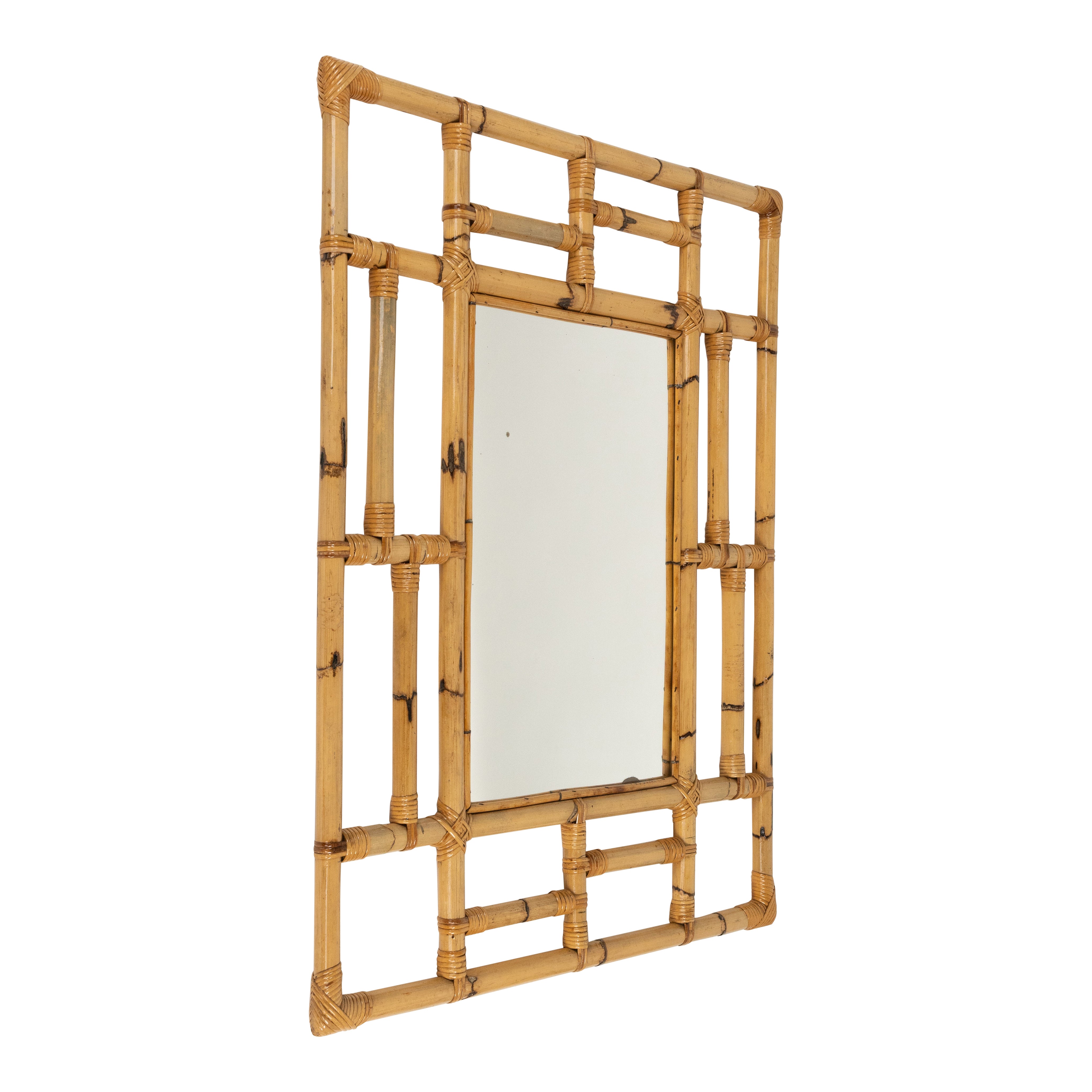 Espejo de pared geométrico de bambú y ratán de mediados de siglo by Vivai del Sud, Italia Años 70 en venta
