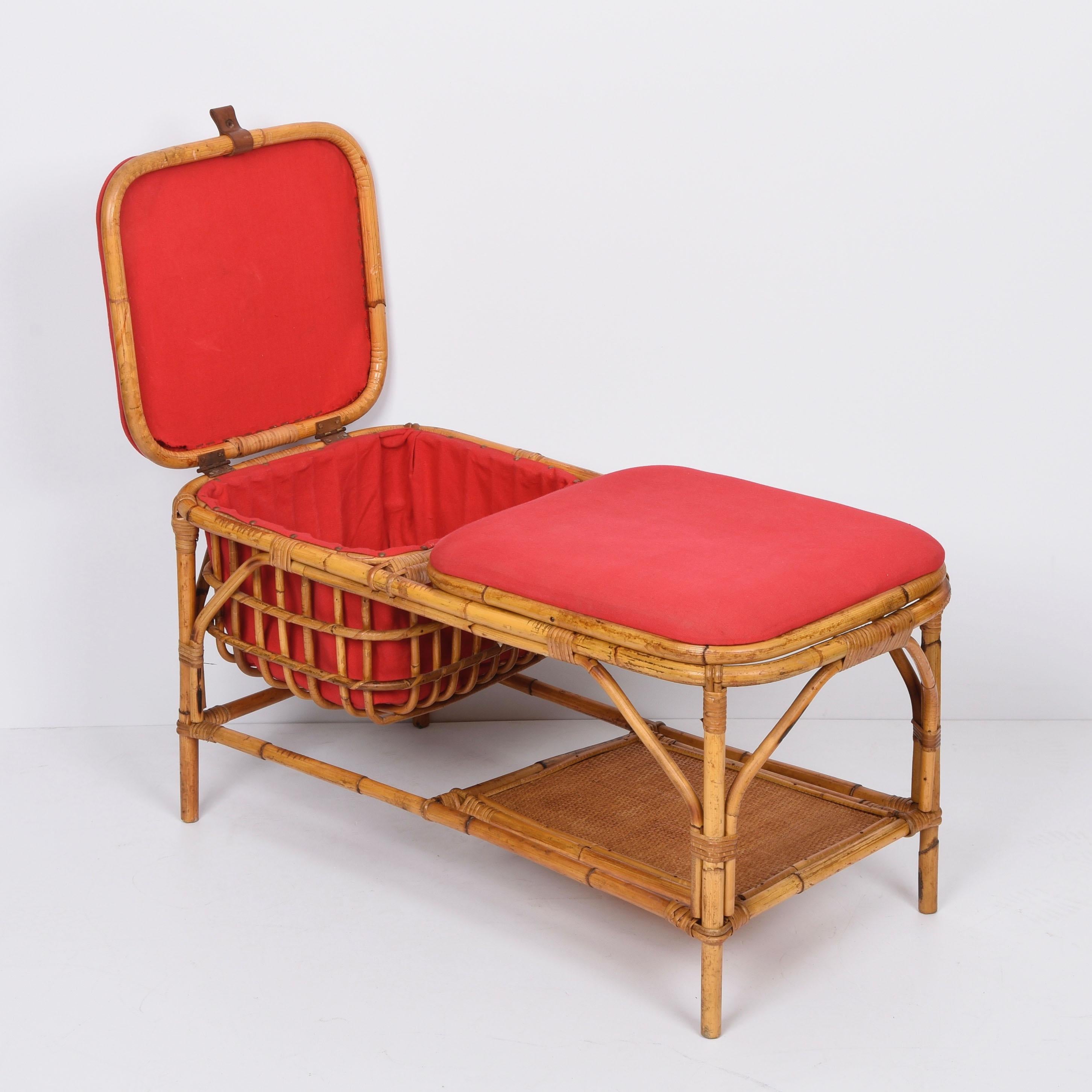 Midcentury Bamboo and Rattan Italian Bench with Box Case, 1950s For Sale 3