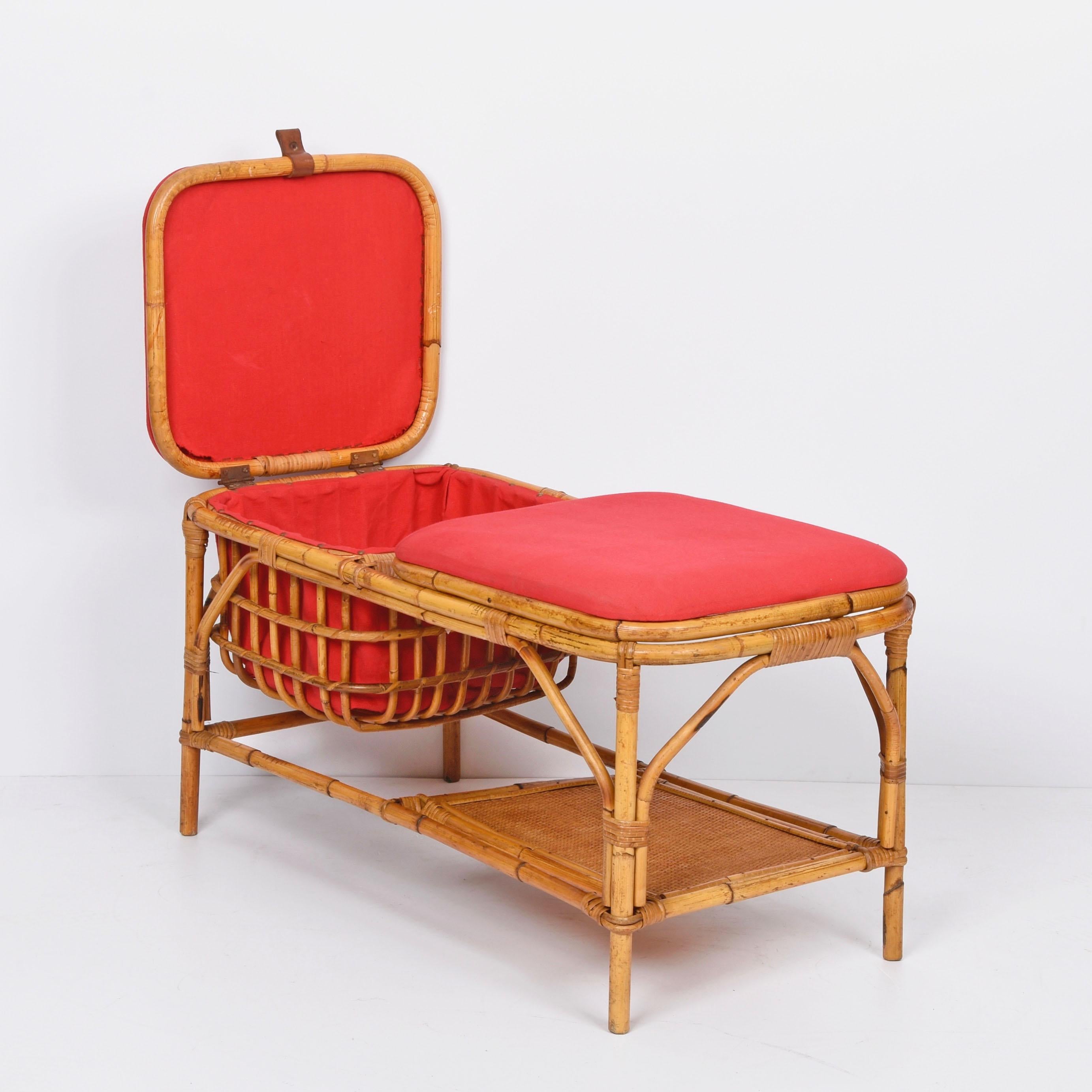 Midcentury Bamboo and Rattan Italian Bench with Box Case, 1950s For Sale 4